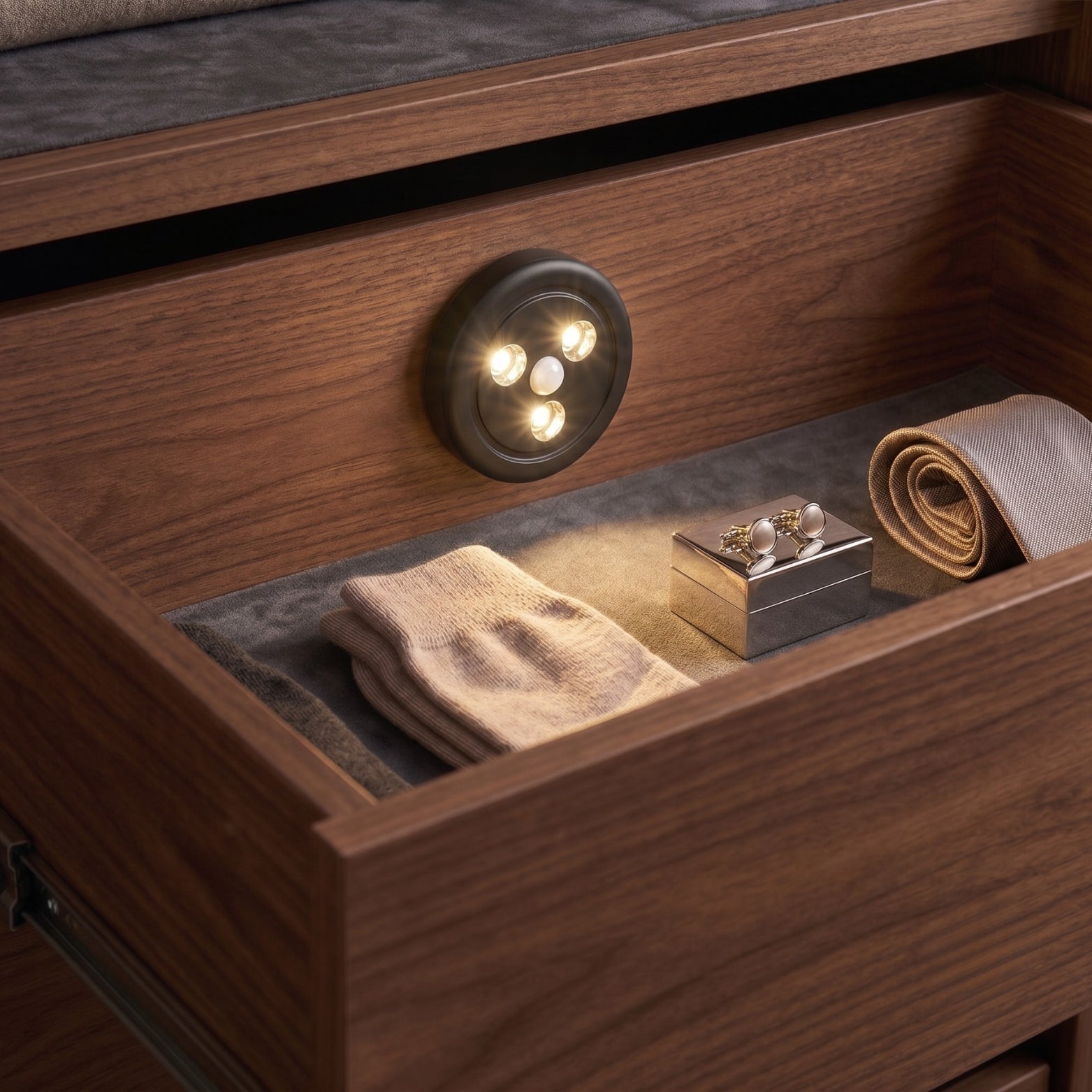 Ebco Livsmart motion sensor LED light installed inside a luxury wooden wardrobe drawer illuminating accessories, available at Hardware Depot.