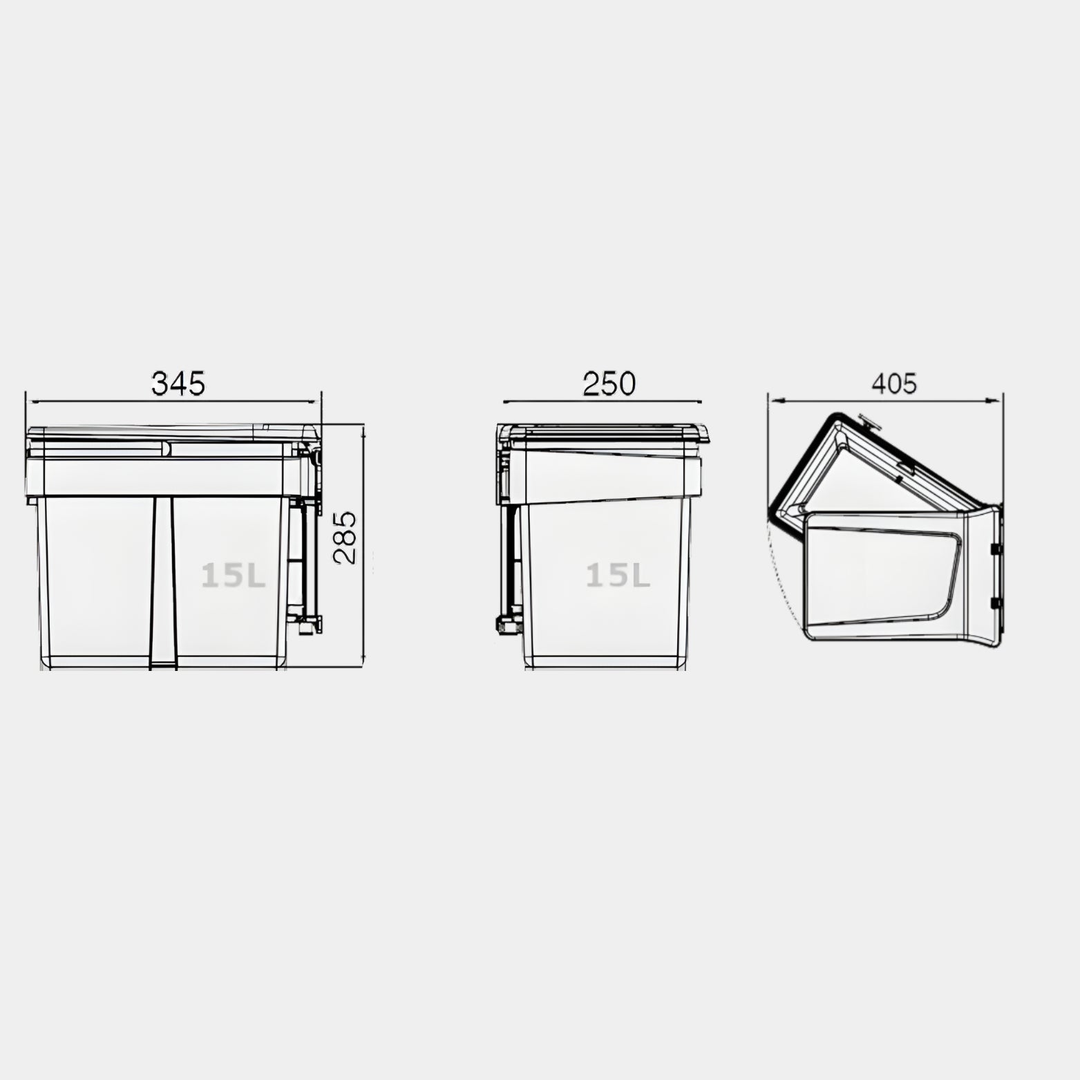 Dimensions and technical specifications for Ebco Livsmart Rectangular Double Swing-out Waste Bin models SOWBR-15D