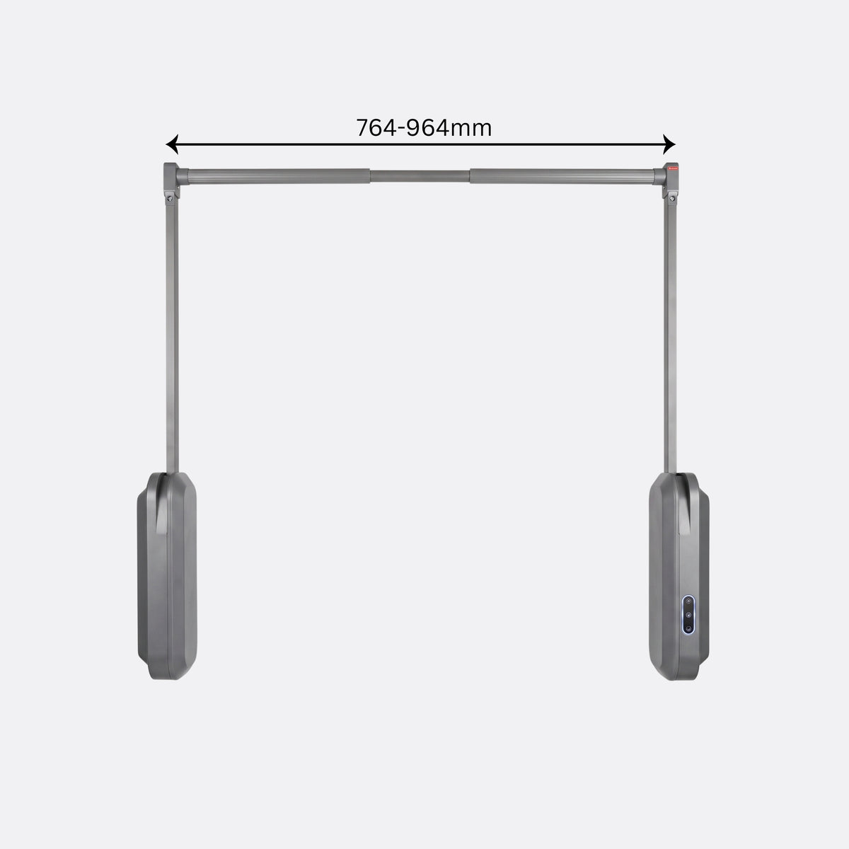 Isolated view of the Ebco Livsmart electric wardrobe lift hardware showing the adjustable internal cabinet width of 764mm to 964mm, available at Hardware Depot.
