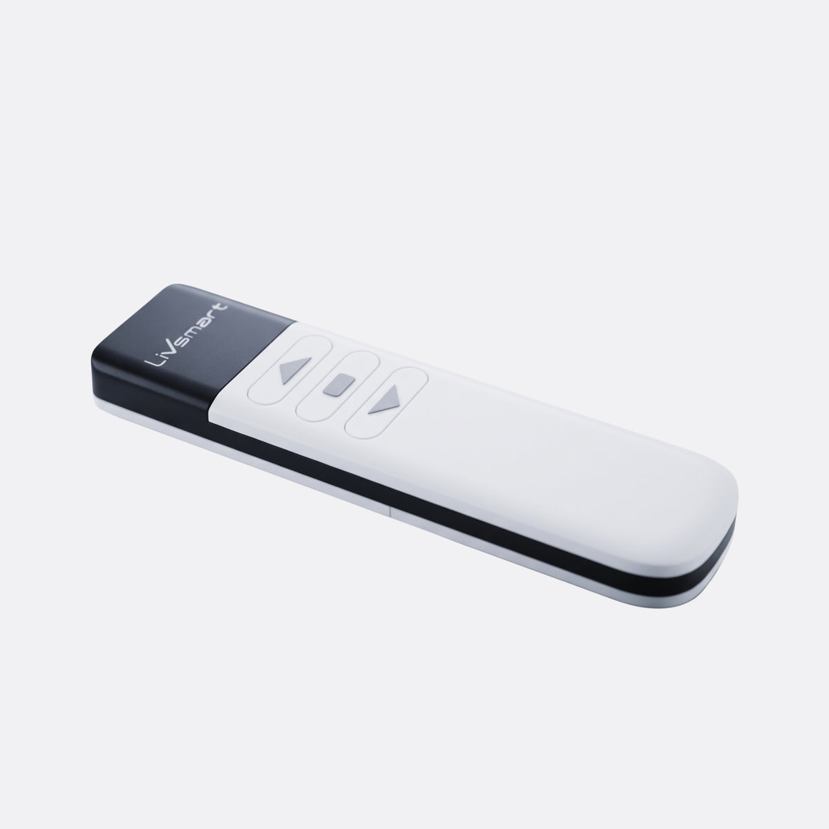 Close-up of the Ebco Livsmart wireless remote control with up, down, and pause buttons for operating the electric wardrobe lift.