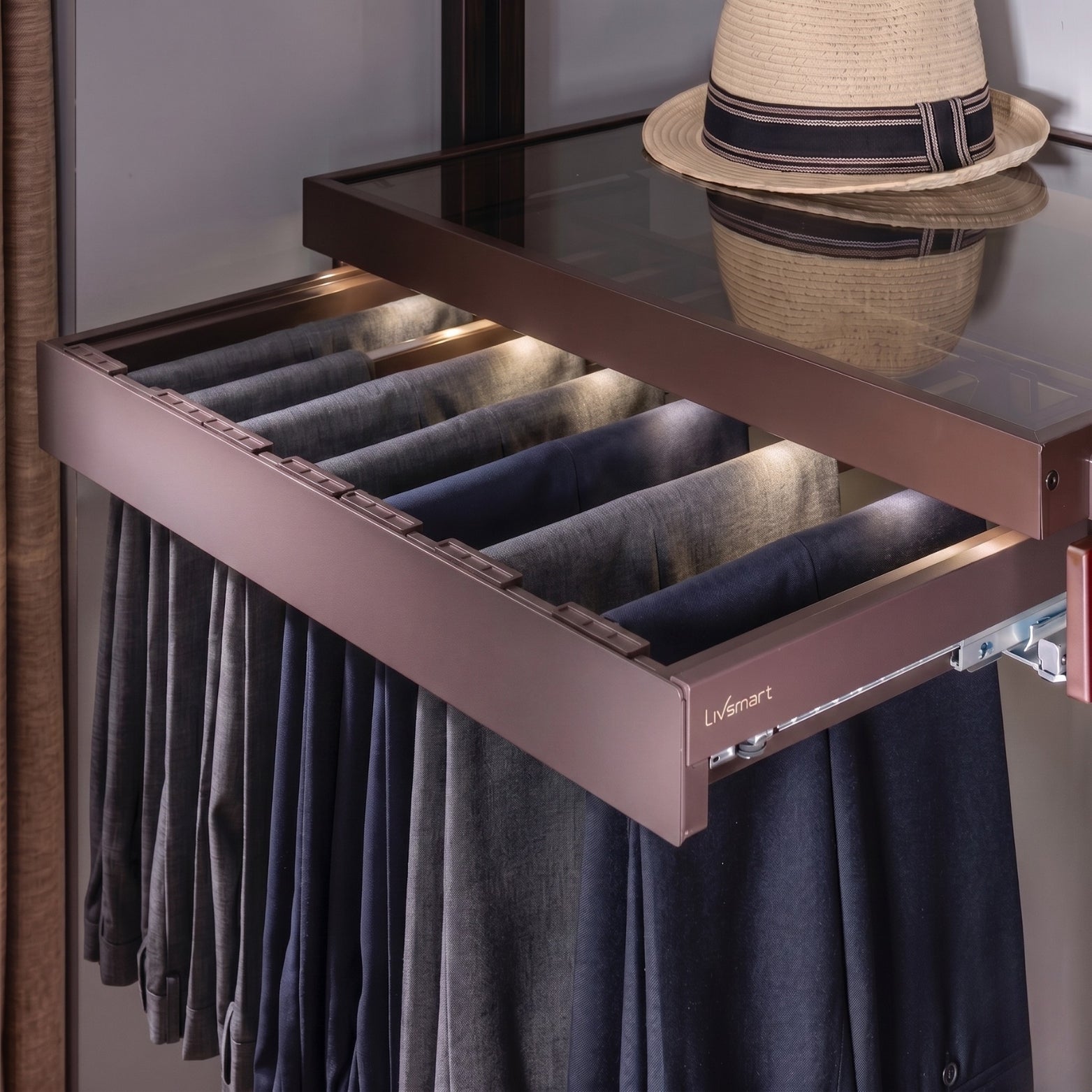 Ebco Livsmart brown wardrobe pull-out trouser and saree rack with garments on non-slip hangers, installed below a glass shelf in a premium modular closet from Hardware Depot