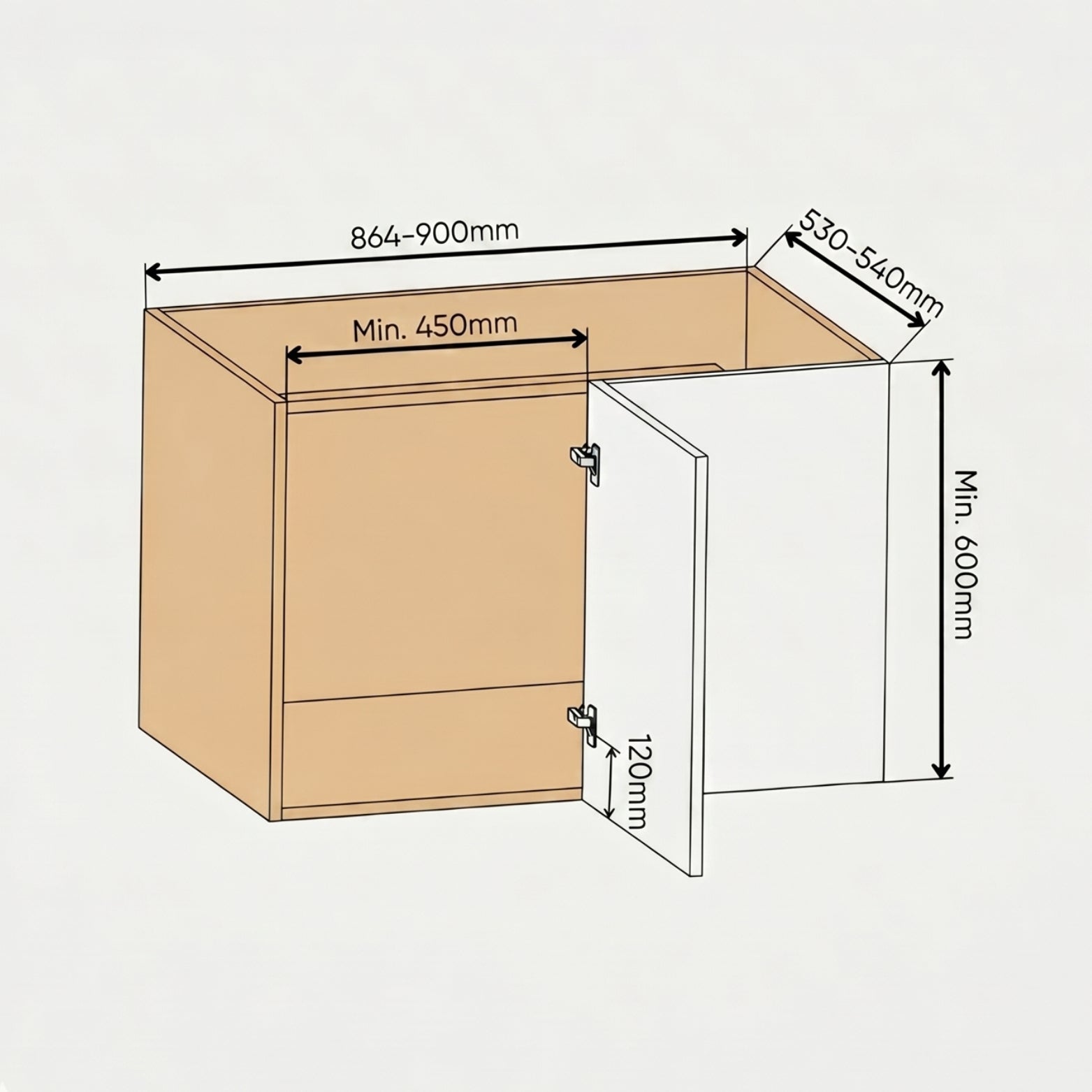 Carcass dimensional specifications for Ebco Magic Corner Max 90 Left showing 450mm minimum shutter opening layout