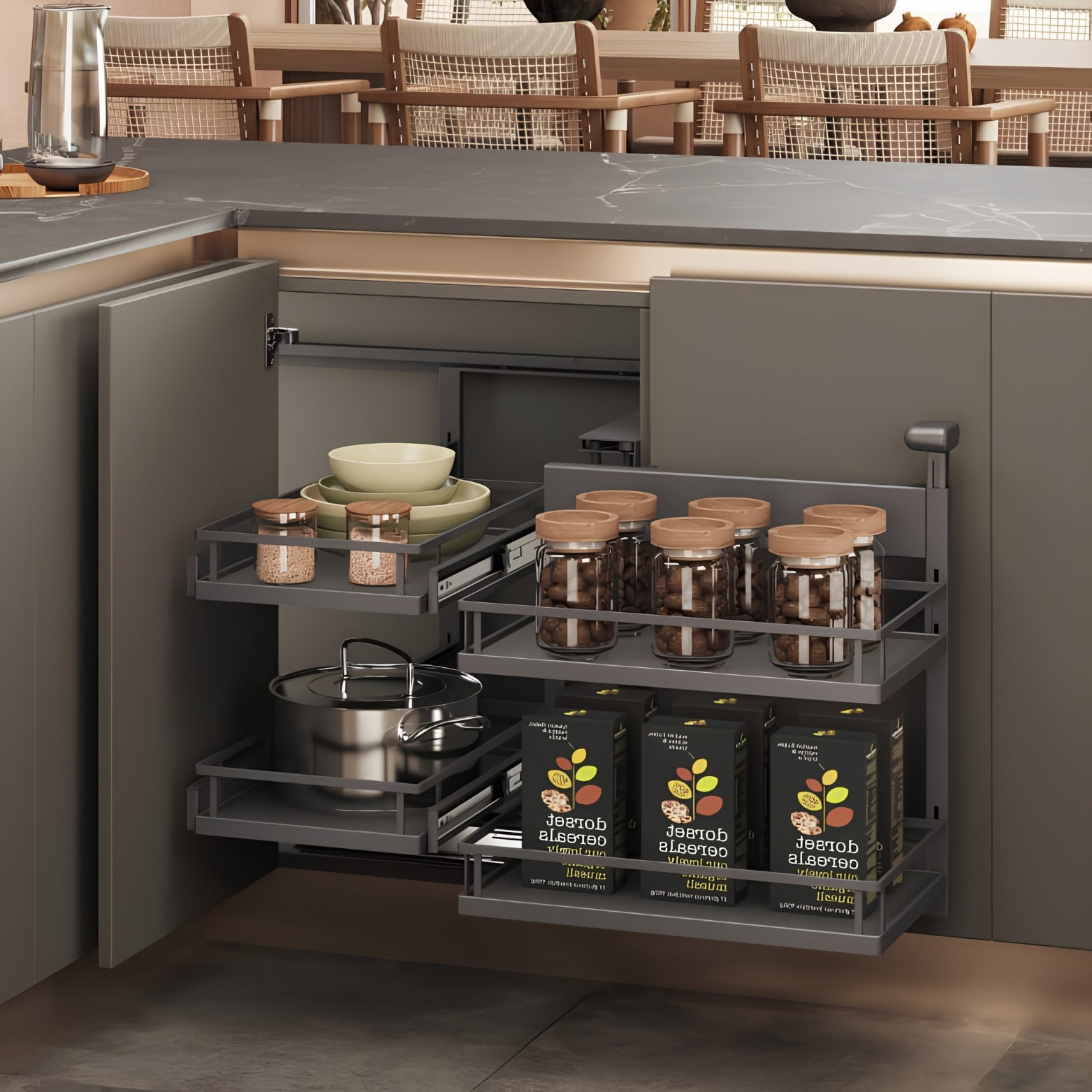 Ebco Magic Corner Max 90 Right opening kitchen organizer in Anthracite finish pull out baskets by Hardware Depot
