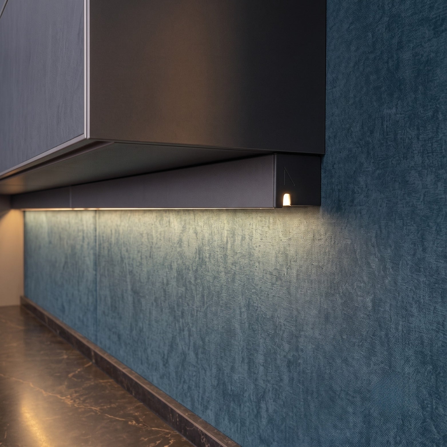 Ebco Midway LED aluminium track profile under-cabinet mounting detail with end cap and warm light diffusion