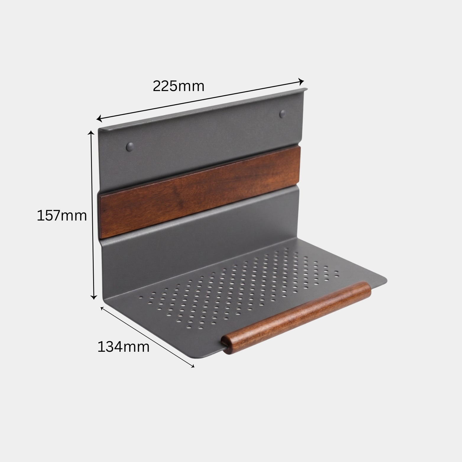 Ebco Midway Shelf KMS-S in anthracite and wood finish showing dimensions 157mm x 134mm x 225mm