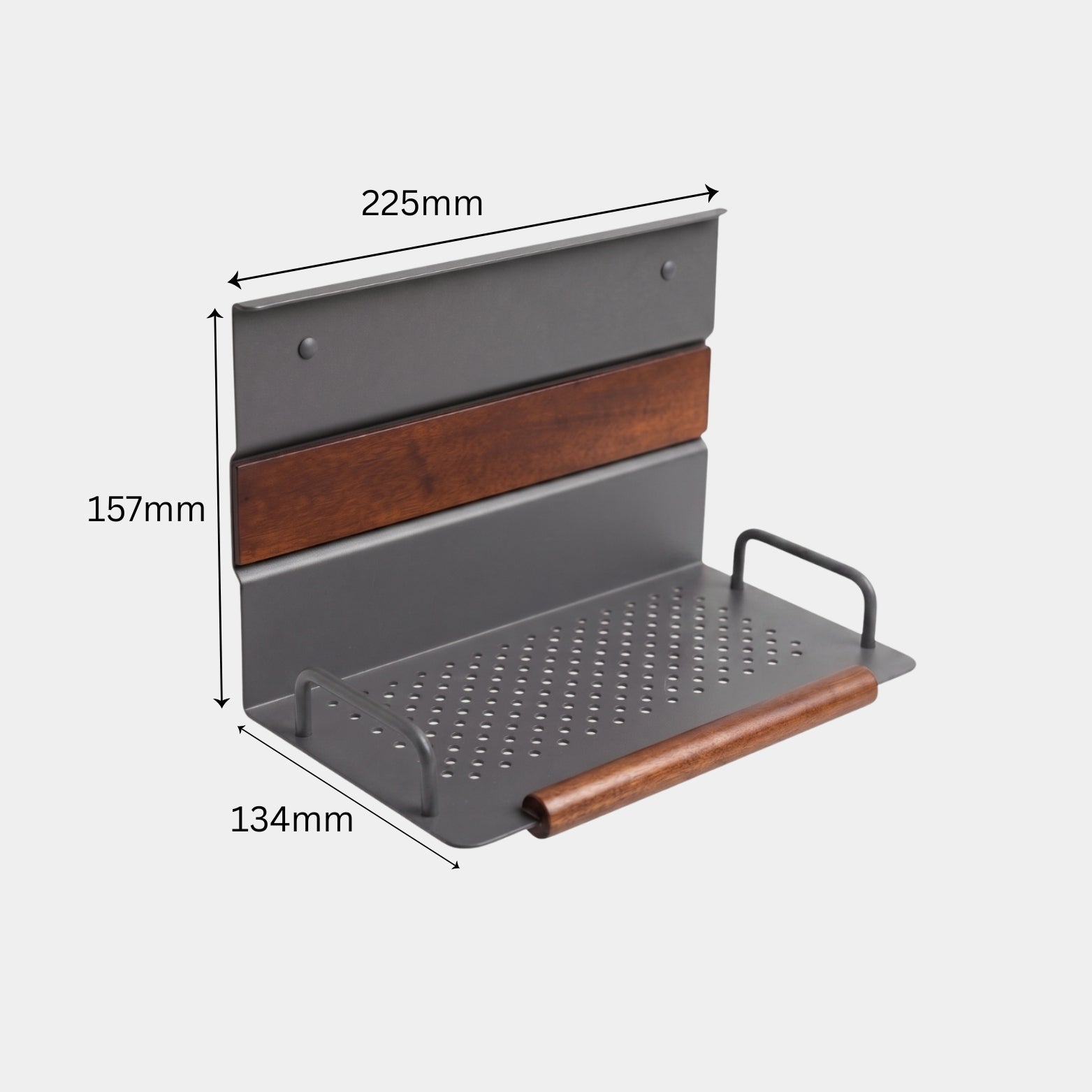 Ebco Midway Shelf with gallery side guards KMS-S-G showing dimensions 157mm x 134mm x 225mm