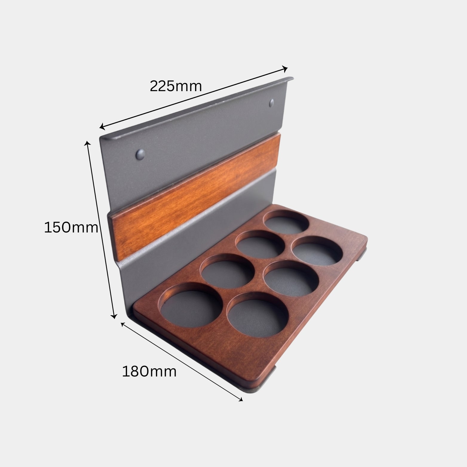 Ebco Midway Shelf with round spice rack cutout KMS-S-SR-R showing dimensions 150mm x 180mm x 225mm