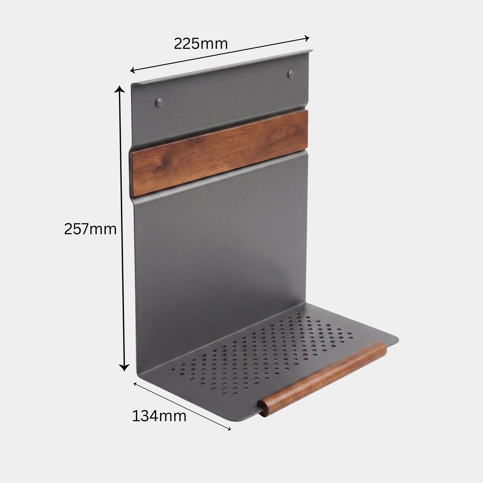 Ebco Midway Tall Shelf KMS-ST in anthracite and wood finish showing dimensions 257mm x 134mm x 225mm