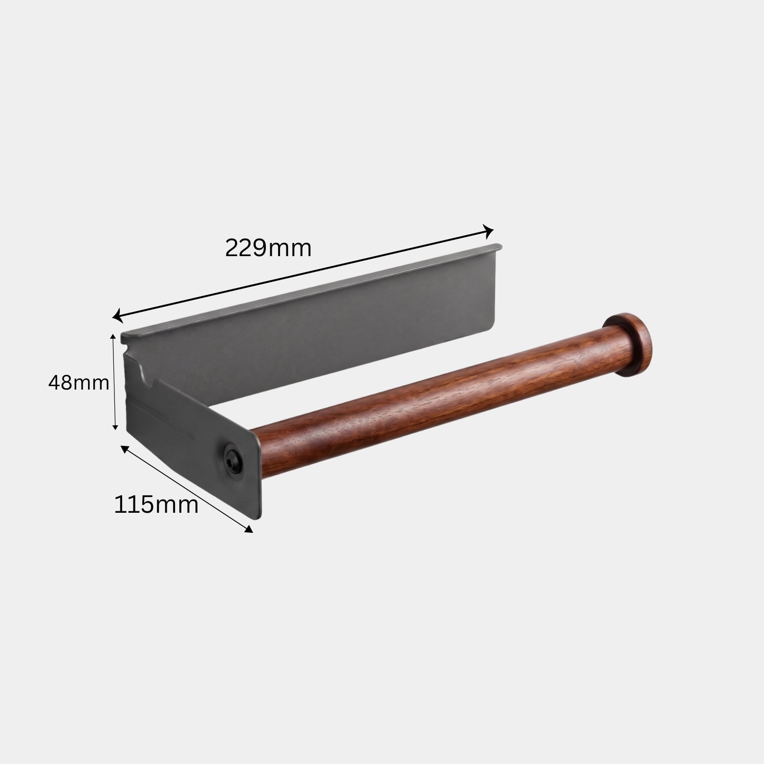 Ebco Midway Towel Rack holder KMS-TR in anthracite and wood showing dimensions 48mm x 115mm x 229mm