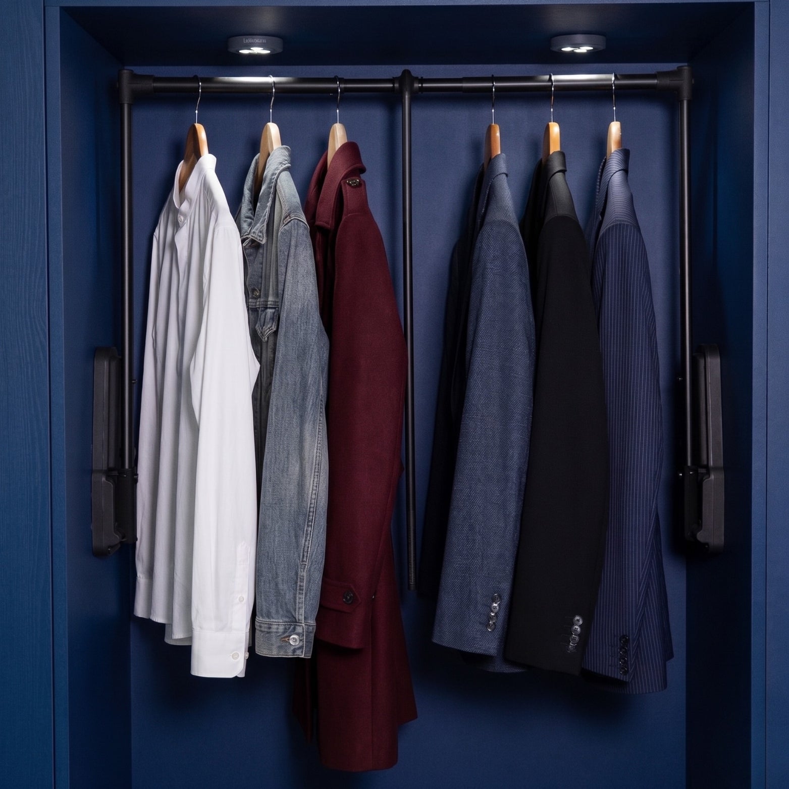 Ebco wardrobe lift side mount 12 holding clothes inside a modern blue closet organizer available at SS Hardware Bangalore