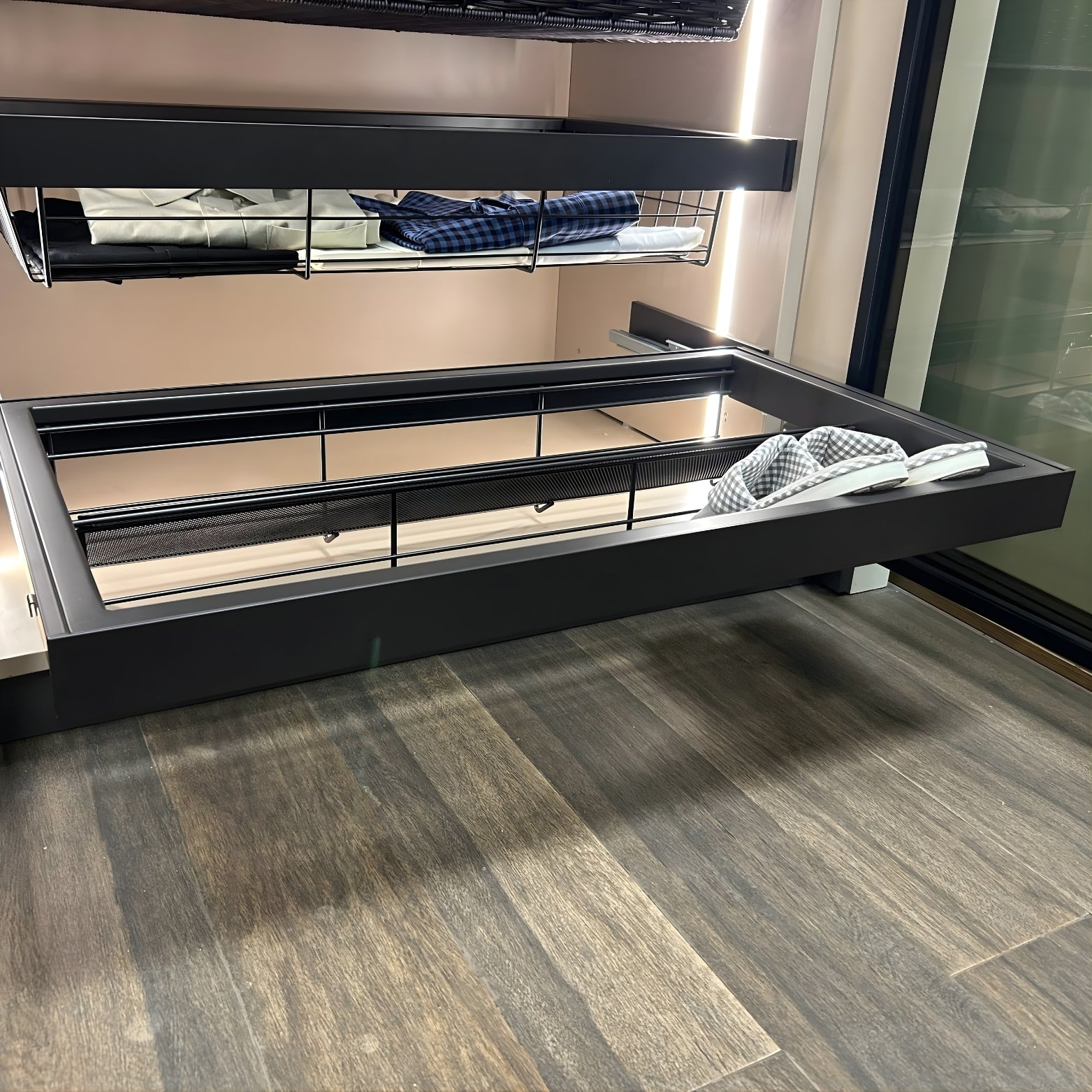 Ebco Livsmart Wardrobe Pullout Shoe Rack in a modern closet