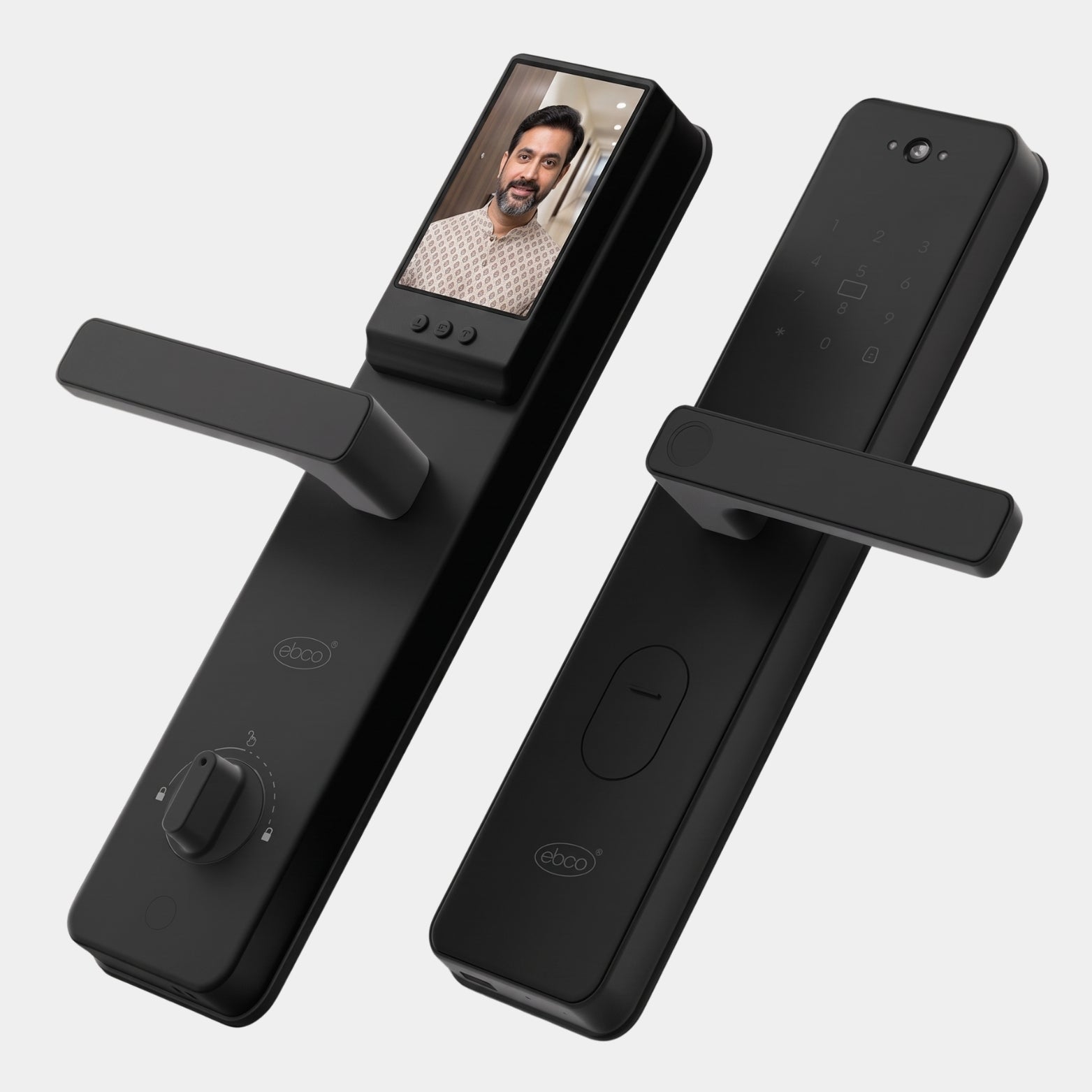 Ebco Regalia RL04 smart lock front and back matte black panels showing integrated video door phone screen and touch keypad.