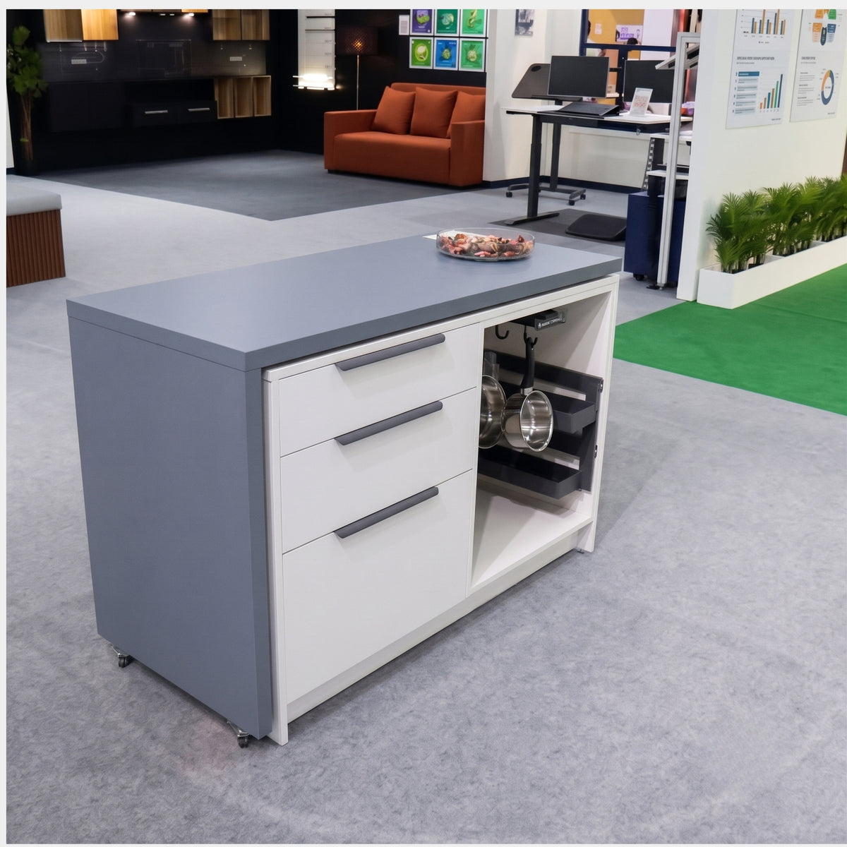 Compact modular kitchen island in a closed position, demonstrating the space-saving application of the Ebco Rotation Mechanism for Desk, sourced from Hardware Depot