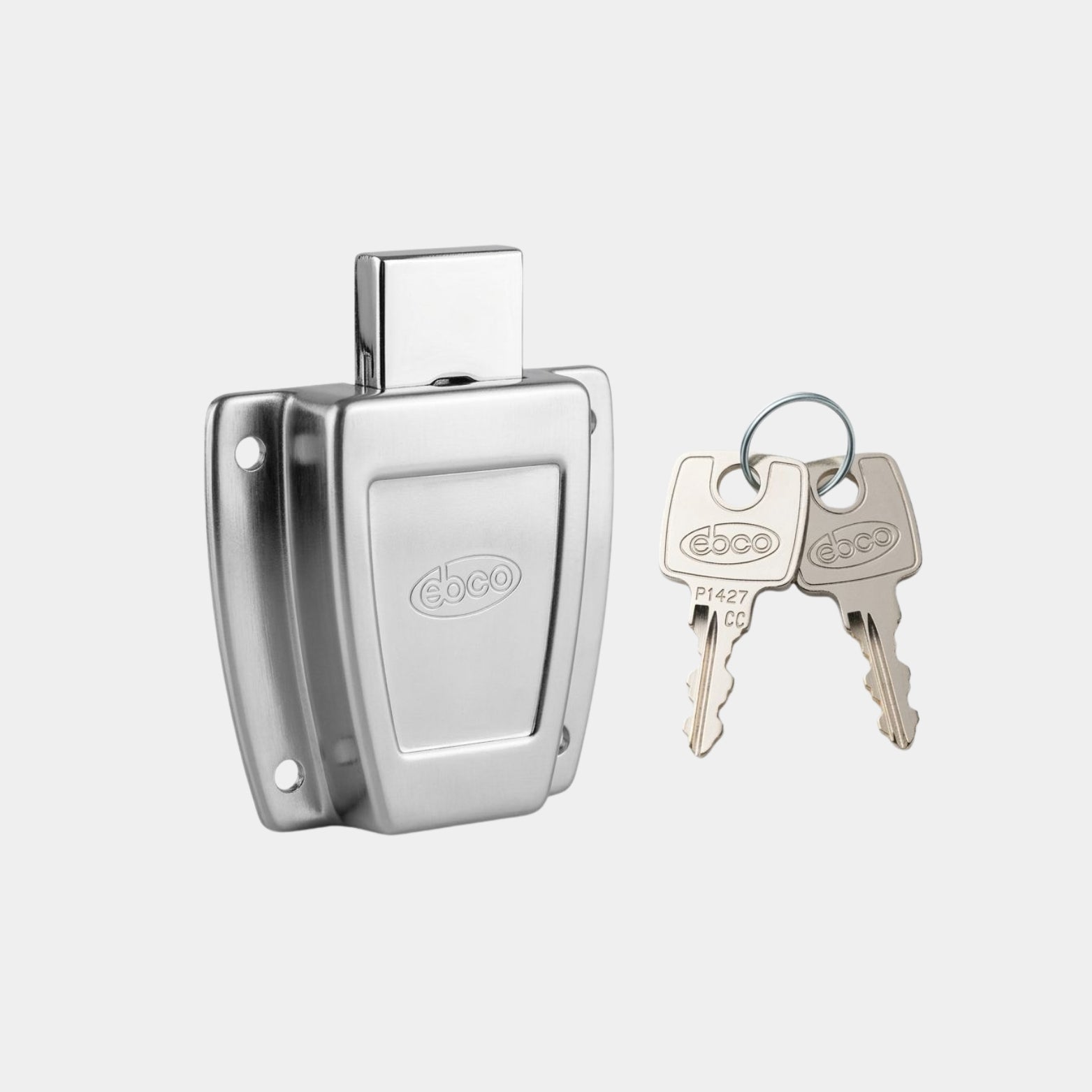 Ebco Securite 20mm cupboard lock with brushed stainless steel cover and high-security wave key for modular cabinetry