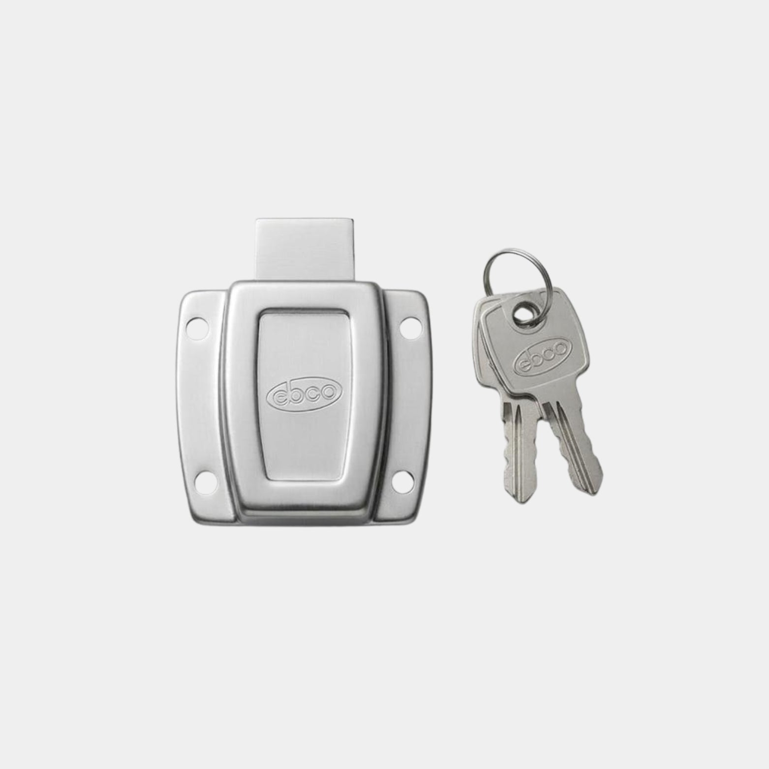 Ebco Securite 20mm drawer lock in brushed stainless steel finish featuring a high-security wave key and non-magnetic rivet-less cover