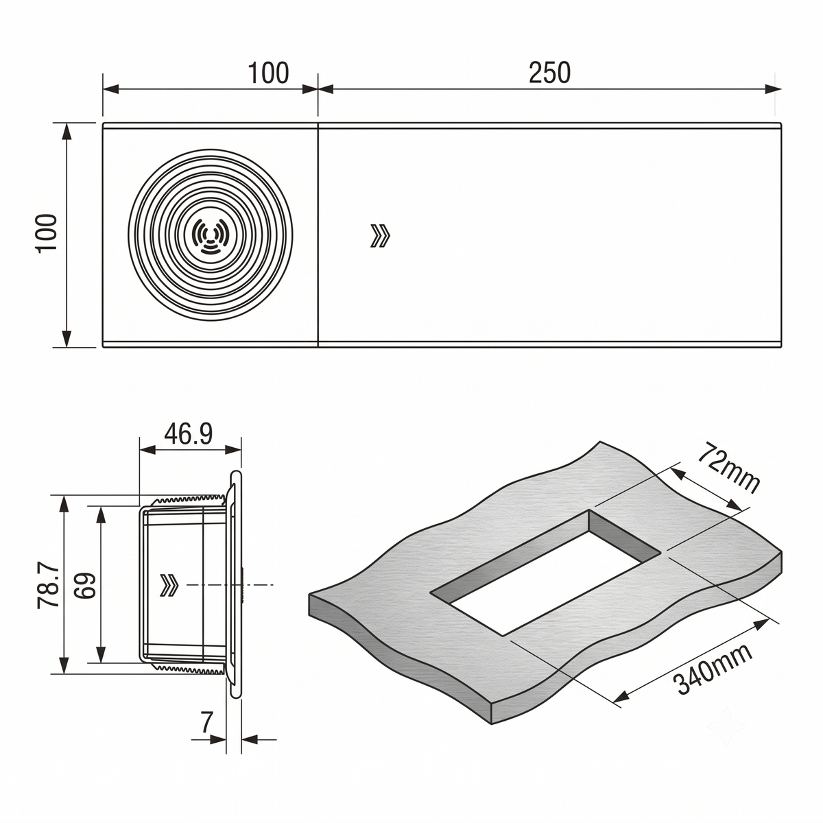 Technical line drawing showing the installation dimensions and the 340mm by 72mm desktop cut-out requirement for the Ebco Slide-Out Electric Box.