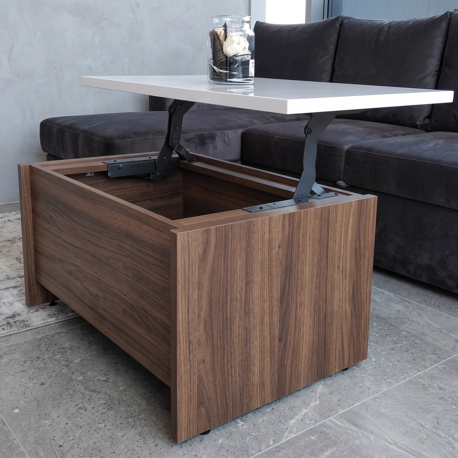 Raised coffee table using Ebco Table Lift 200 soft close mechanism available at SS Hardware Bangalore
