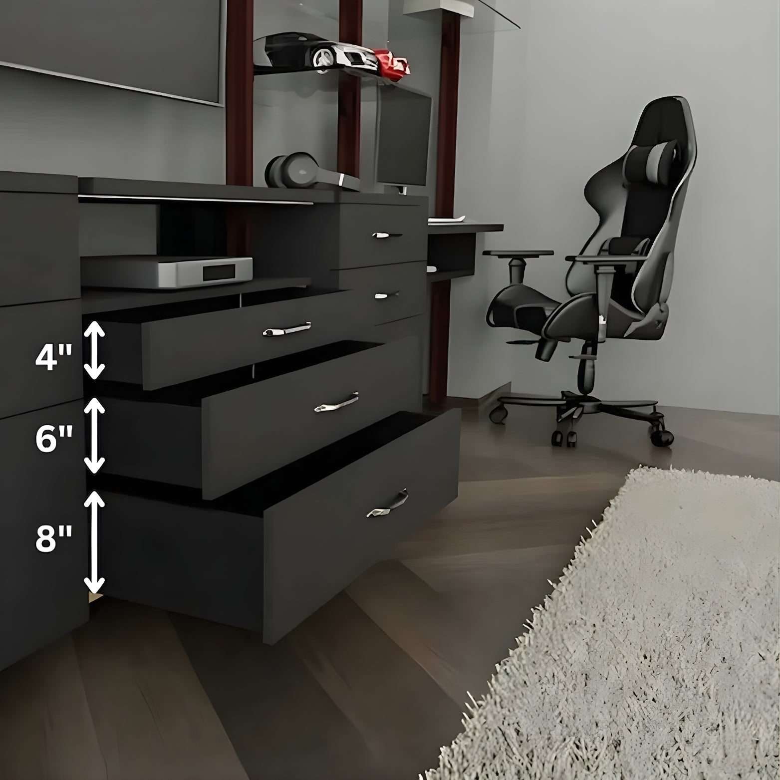 Side view of Ebco Tandem Box Slim in premium black finish, showcasing the PMDS (Precision Movement Drive System) and sleek drawer profile.