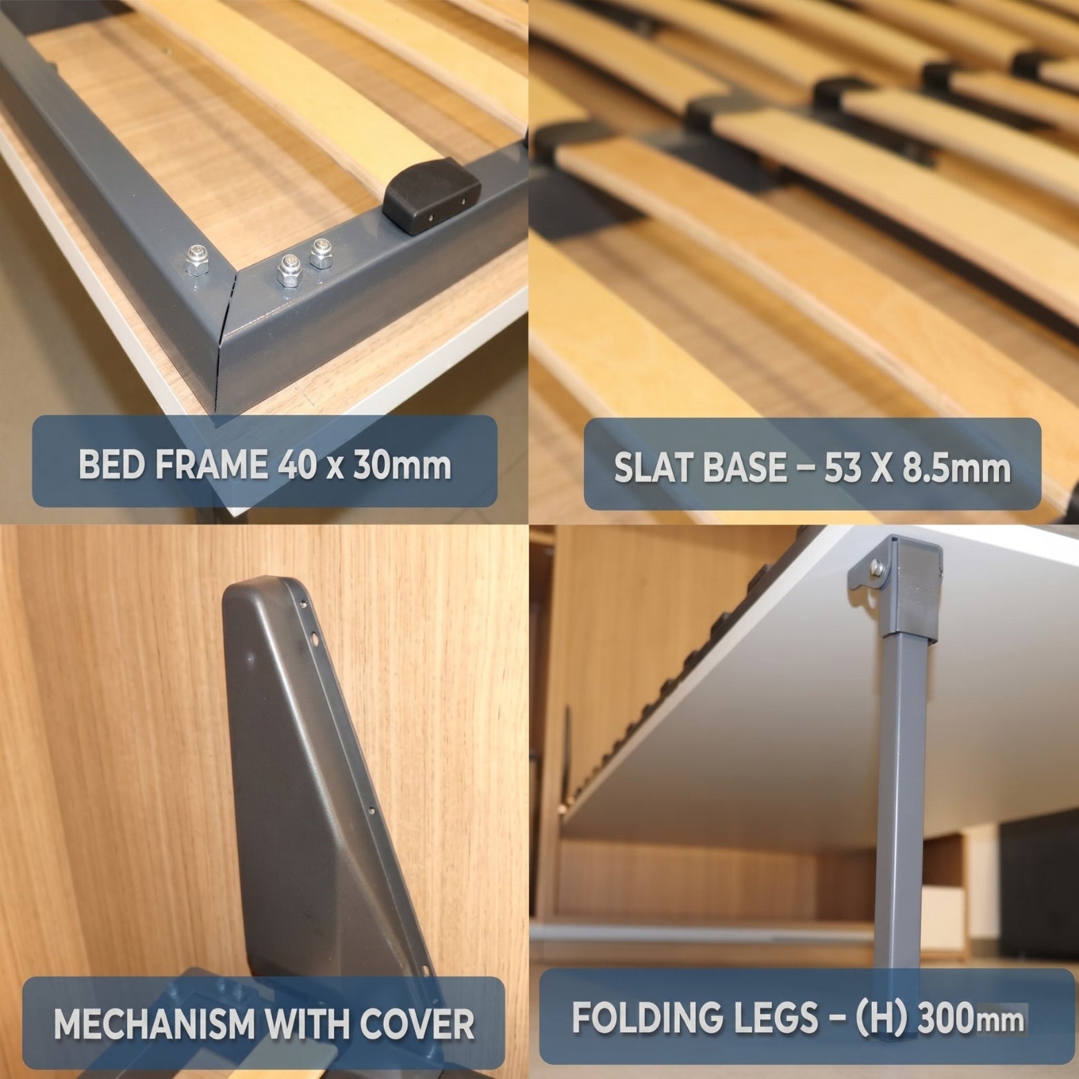 Close-up details of the 40x30mm steel bed frame, flexible wooden mattress slats, and 300mm folding legs from SS Hardware.