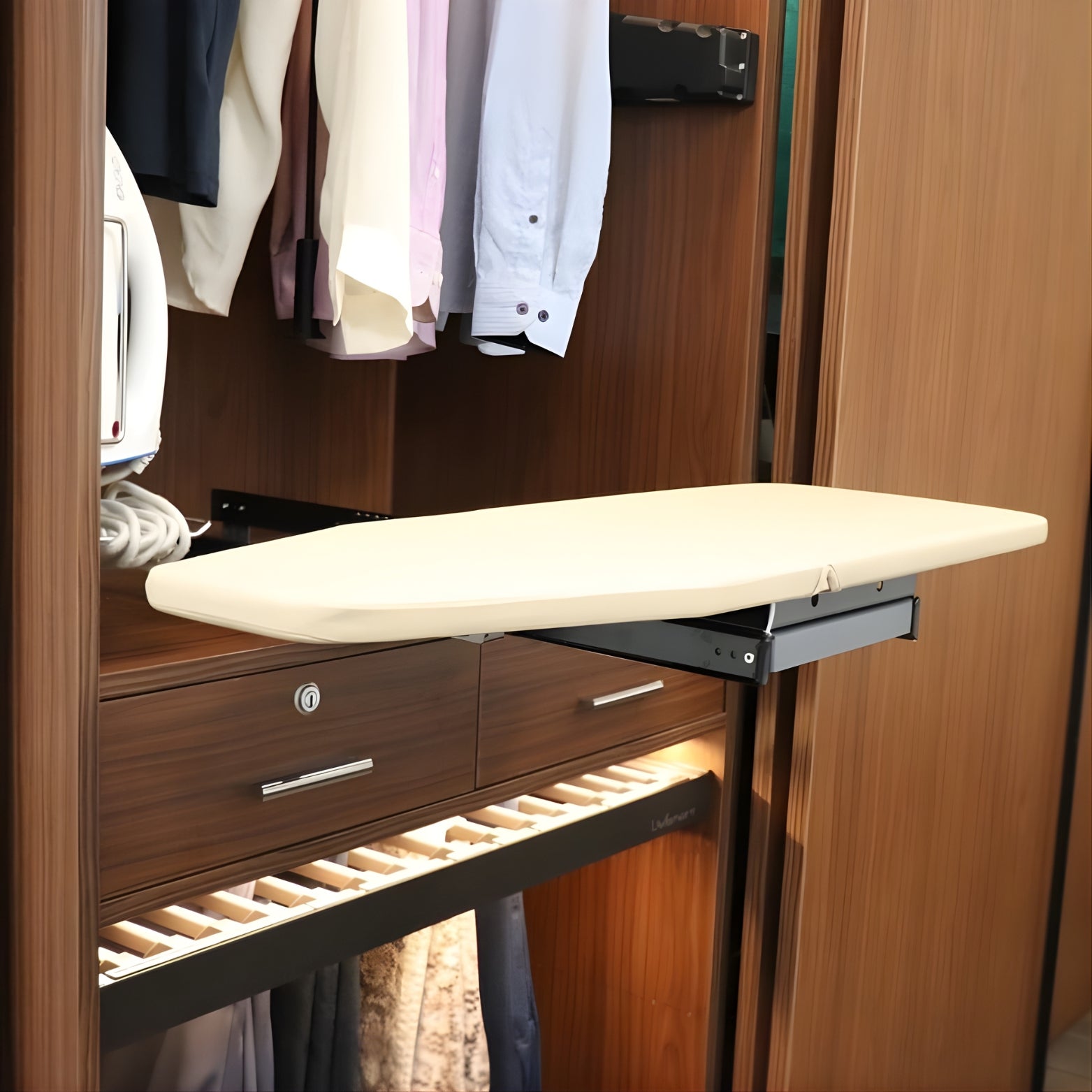 Ebco Livsmart wardrobe pull-out ironing board installed in a modern cabinet
