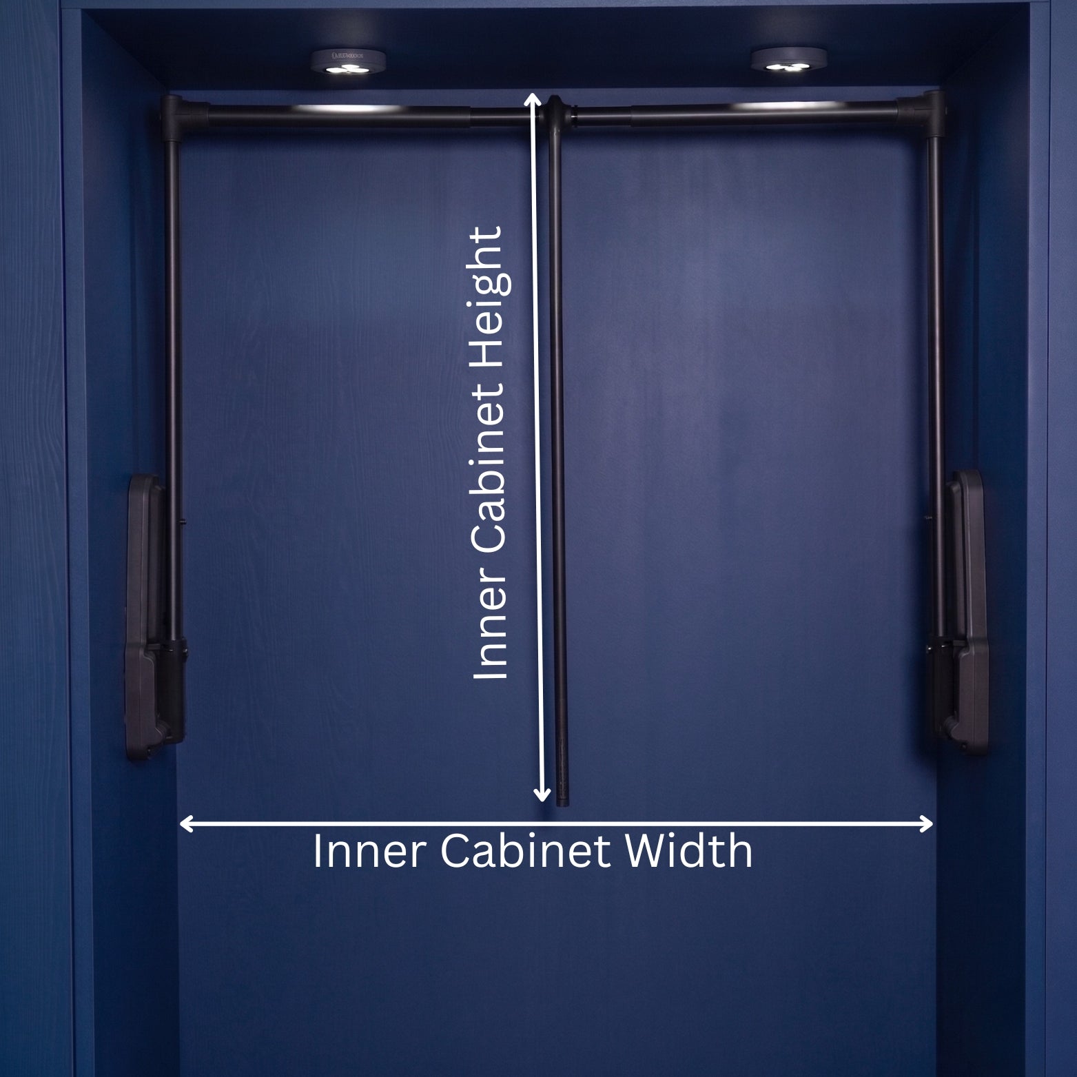 Technical dimension diagram showing minimum 1100mm inner cabinet height and adjustable width requirements for Ebco WLSM-12 wardrobe lift