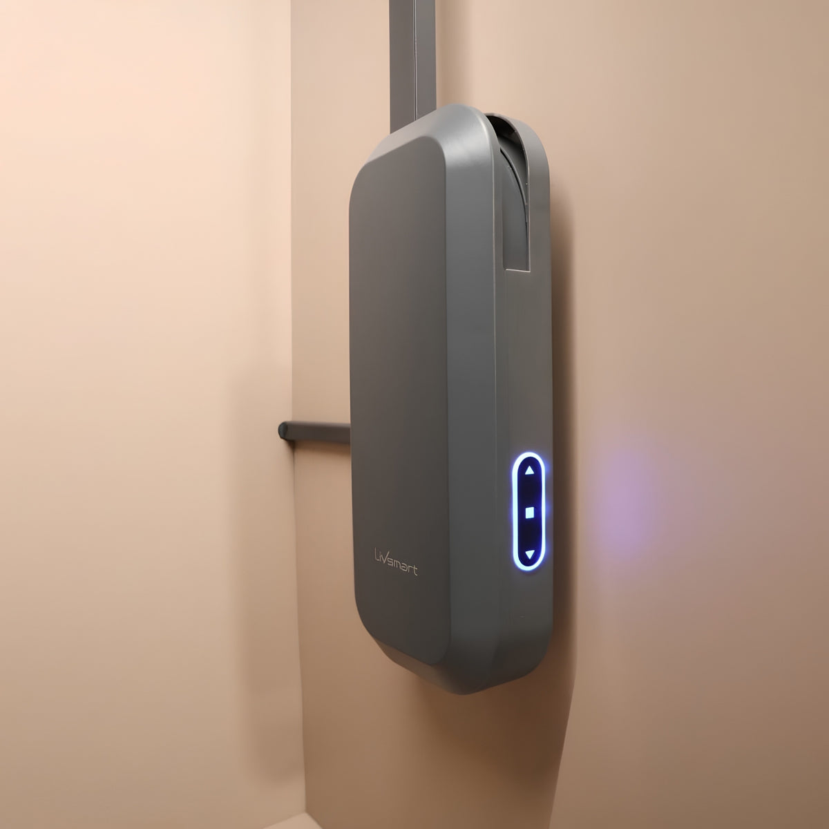 Close-up view of the side-mounted motor control unit for the Ebco Livsmart electric wardrobe lift, featuring a sleek, modern design.