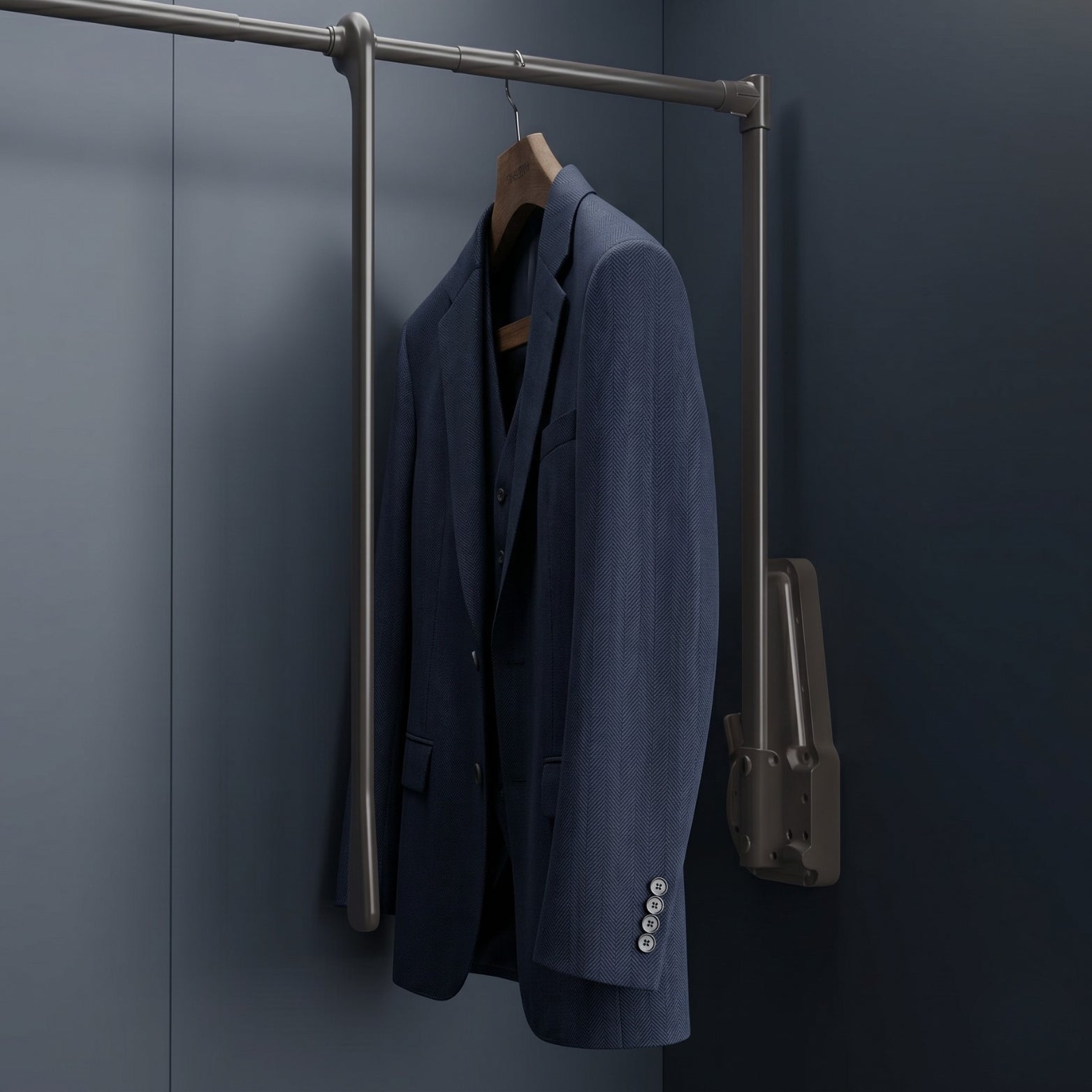Luxury Anthracite finish Ebco wardrobe lift side mount 12 showcase with formal attire hanging in a sleek dark gray wardrobe