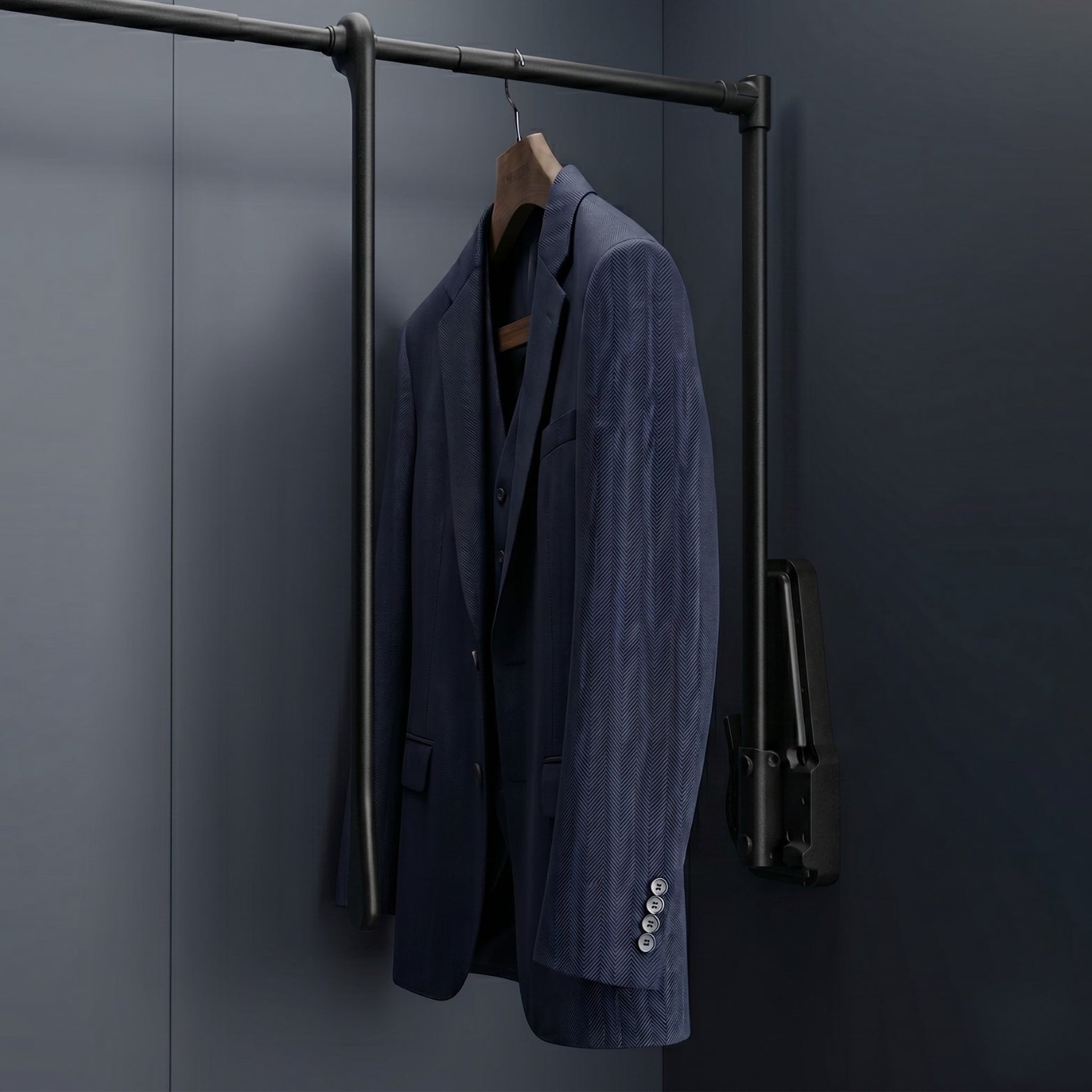 Premium black finish Ebco pull-down closet lift mechanism with a suit jacket on a hanger, available at Hardware Depot