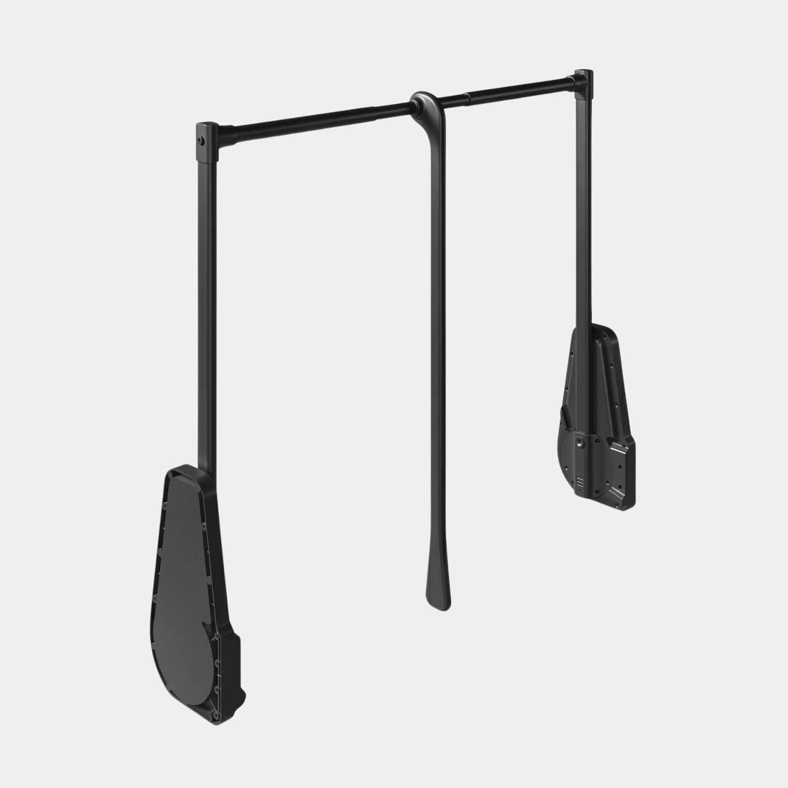 Side-mounted hydraulic pull-down wardrobe hanger mechanism in a retracted upright position