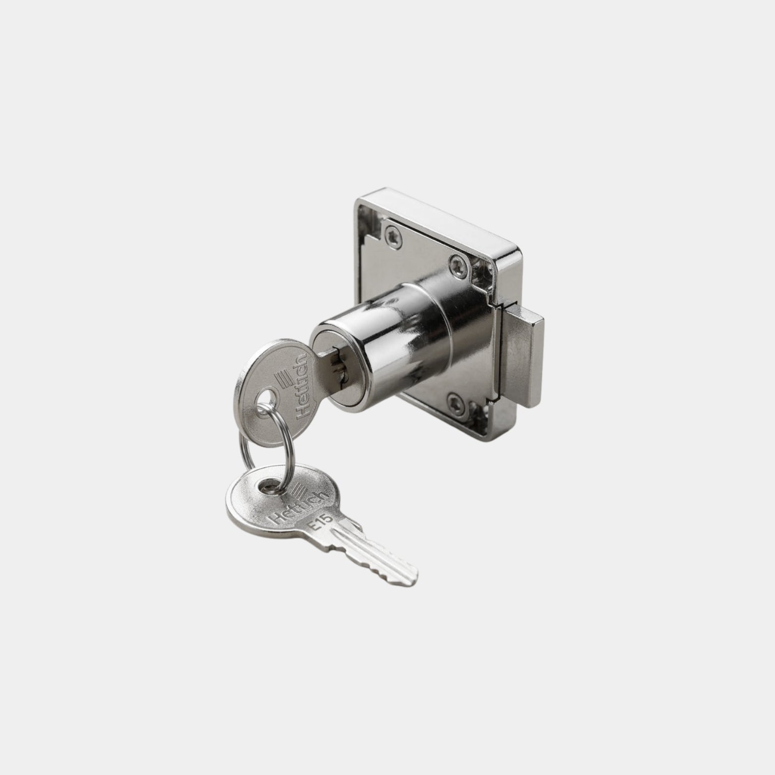 Main front view of the Hettich 22mm square multi-purpose furniture lock in a polished chrome finish with two precision keys