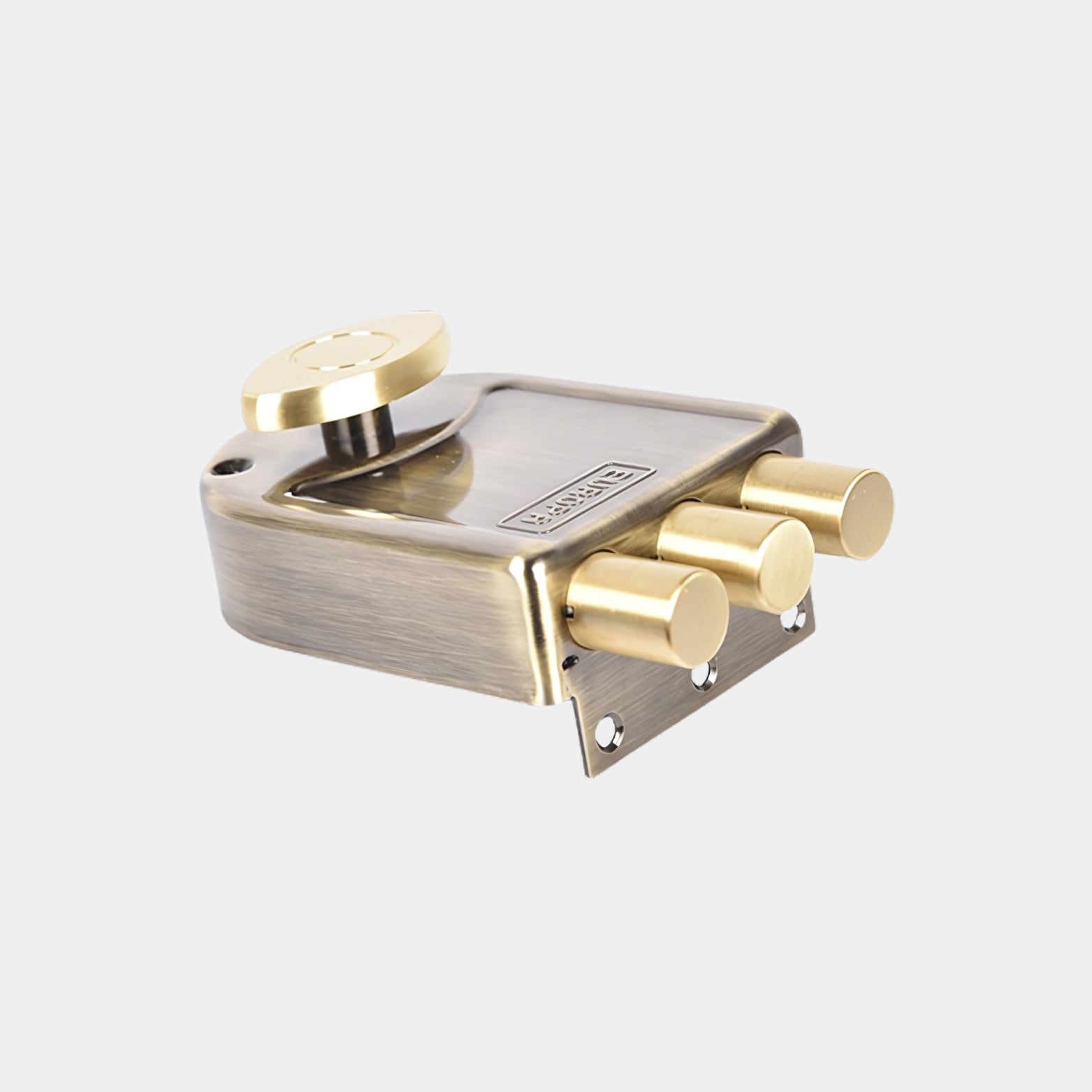 Top view of Europa 3 Deadbolt Main Door Lock in Antique Brass showing the 3 brass bolts and interior knob.