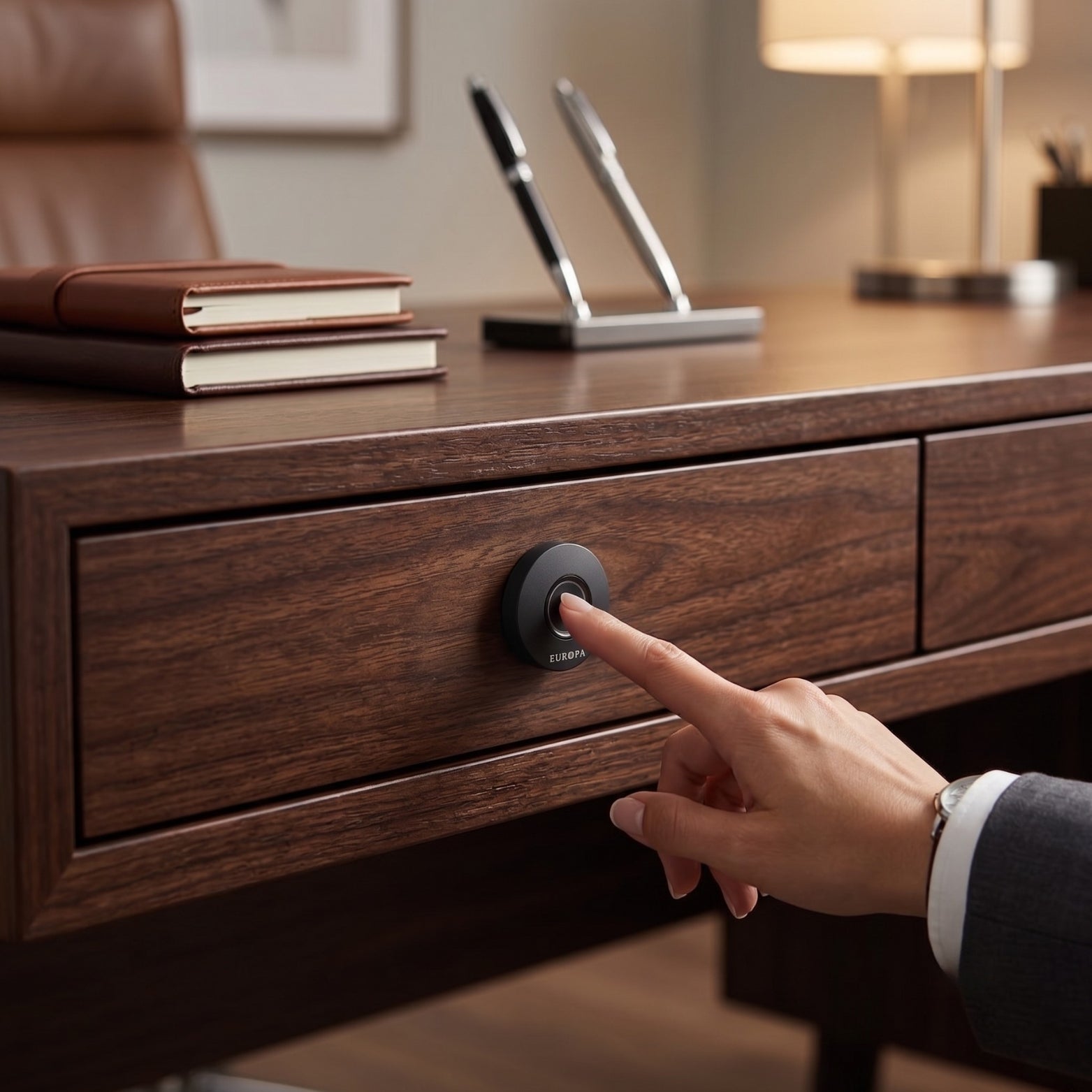 Premium biometric drawer lock by Europa in a matt black finish, installed seamlessly on a luxury dark wood executive desk drawer with a user scanning a fingerprint, available at Hardware Depot.
