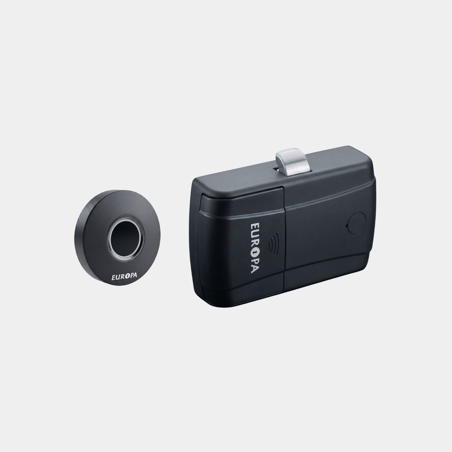 Studio product display of the Europa EFD1816MB digital cabinet lock components, showing the circular fingerprint sensor module alongside the main black metal automatic latch body on a solid light background