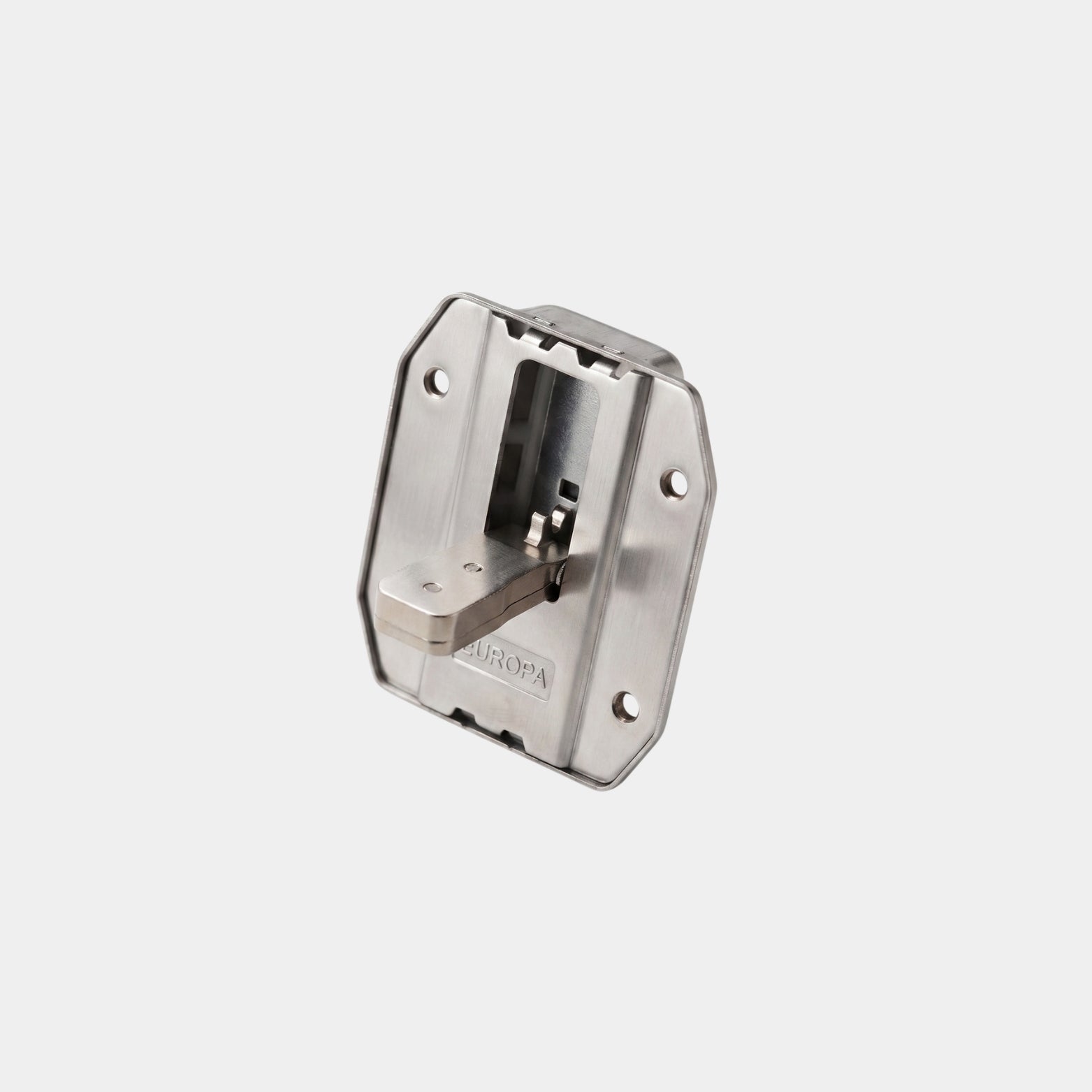Rear mechanical view of the Europa F878 wardrobe lock showcasing the heavy-duty extended Rota-Bolt locking tongue on a clean white background.