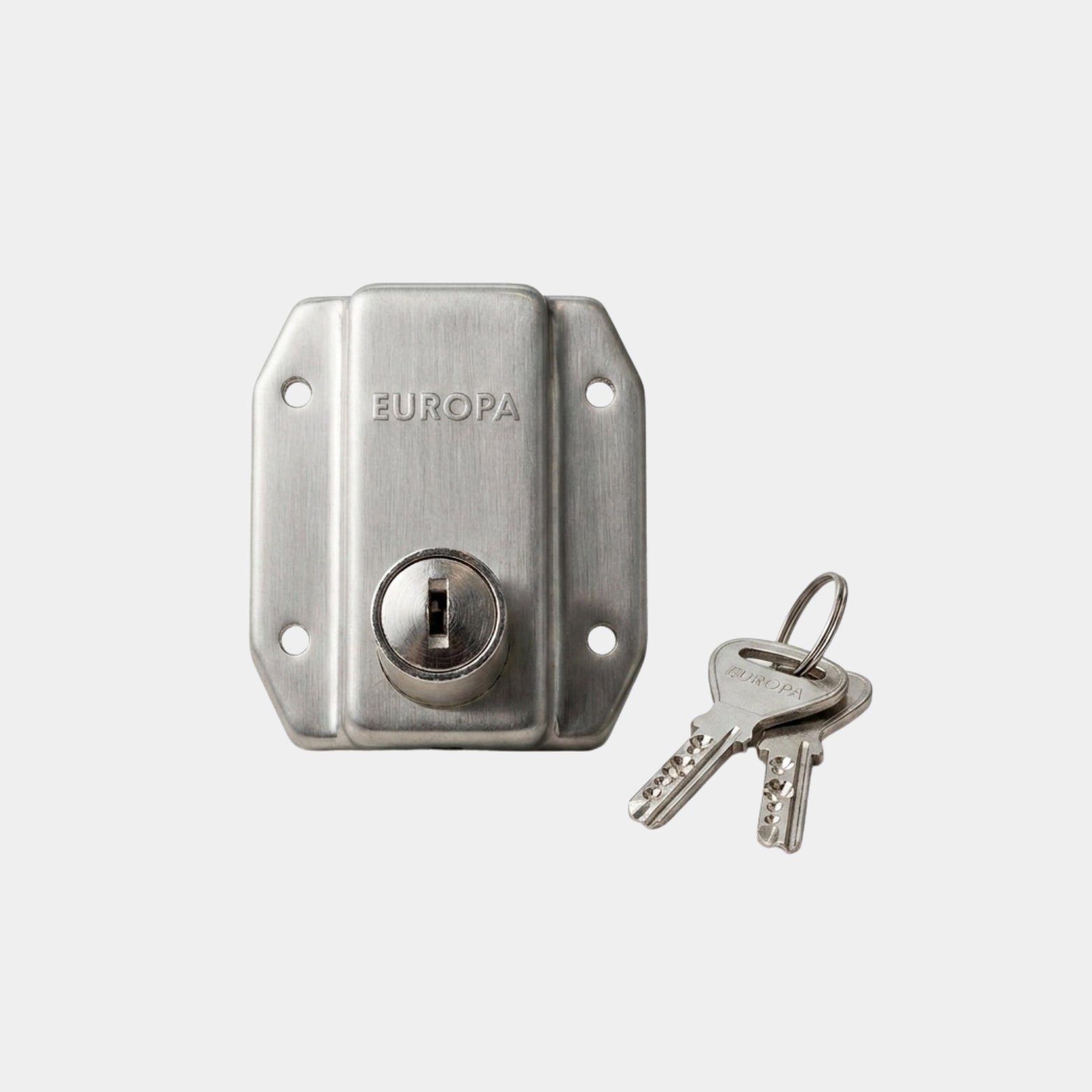 Europa Furnito F878SS center sliding wardrobe lock cylinder assembly in stainless steel finish shown with two high-security dimple keys, available at Hardware Depot.
