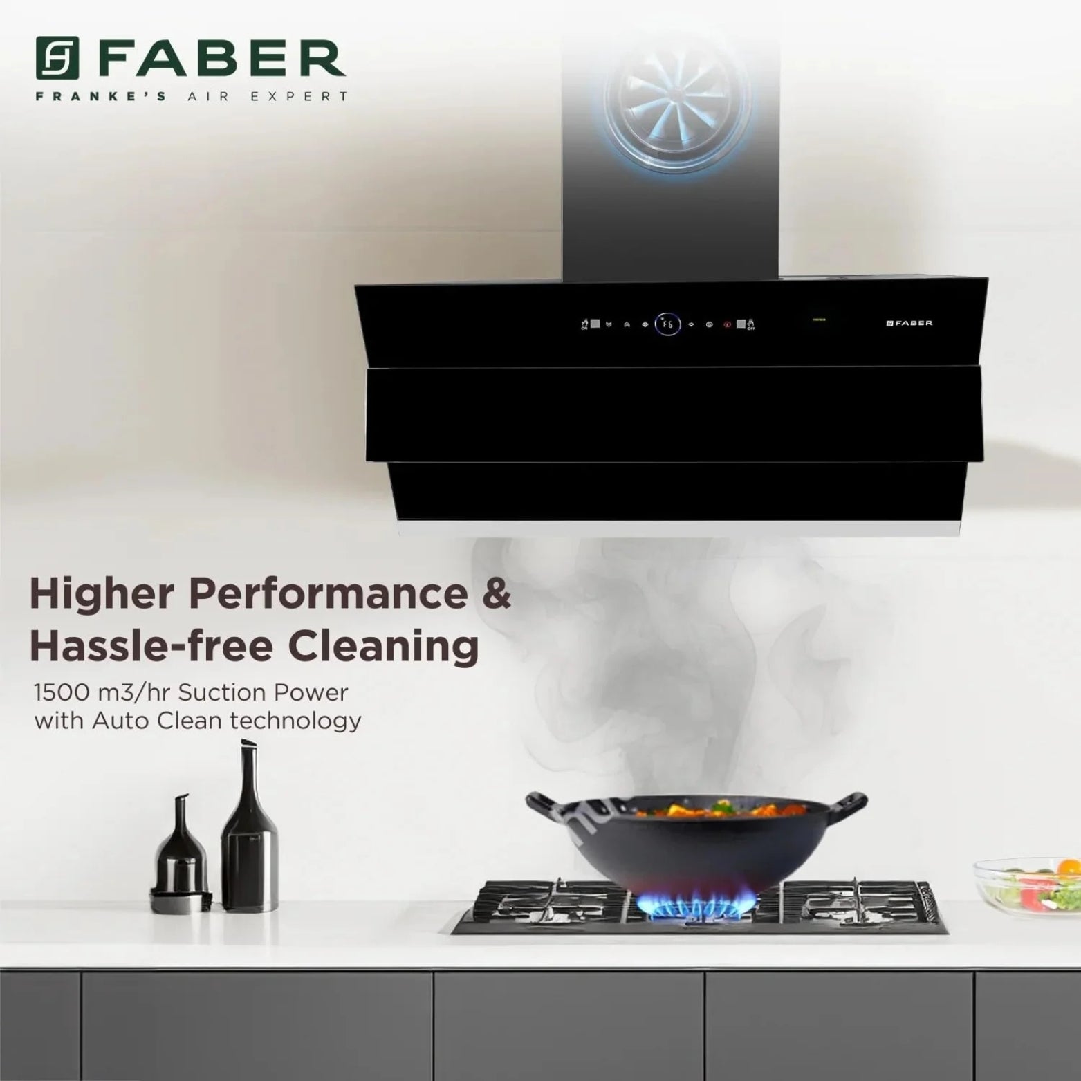 Faber Hood Comet 90cm wall-mounted chimney with elegant black finish and 1500 suction