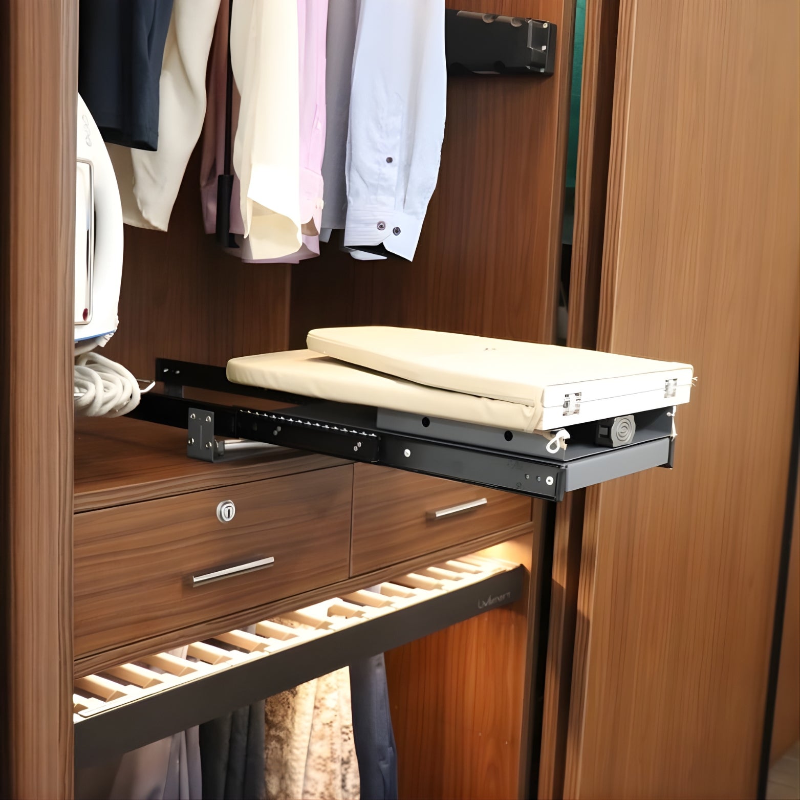 Close-up of the heavy-duty pull-out mechanism for wardrobe ironing board