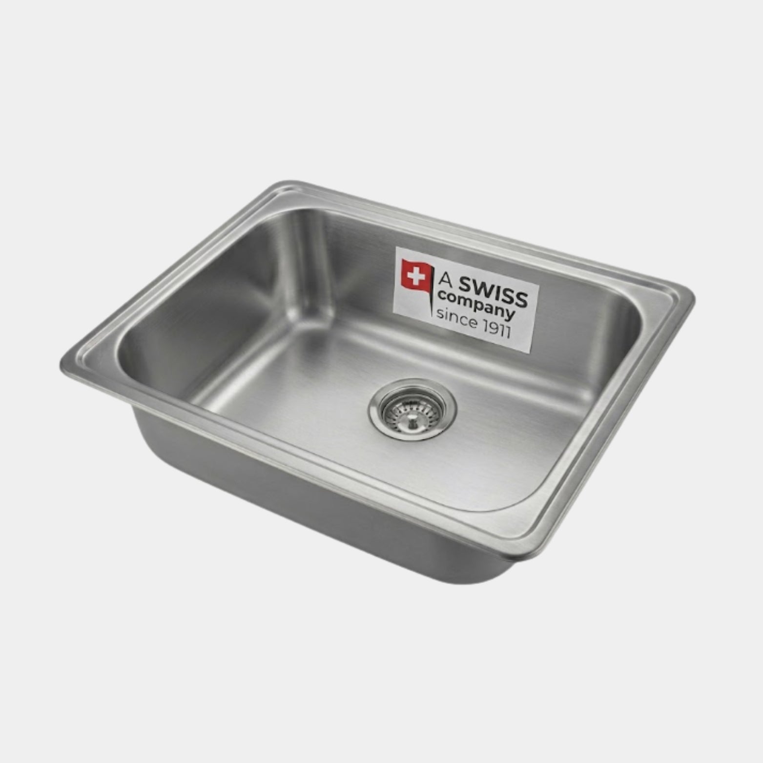 Premium single-bowl stainless steel kitchen sink featuring a matte brushed finish and a realistic rectangular white paper label on the interior wall reading "A SWISS company since 1911" next to a Swiss flag.