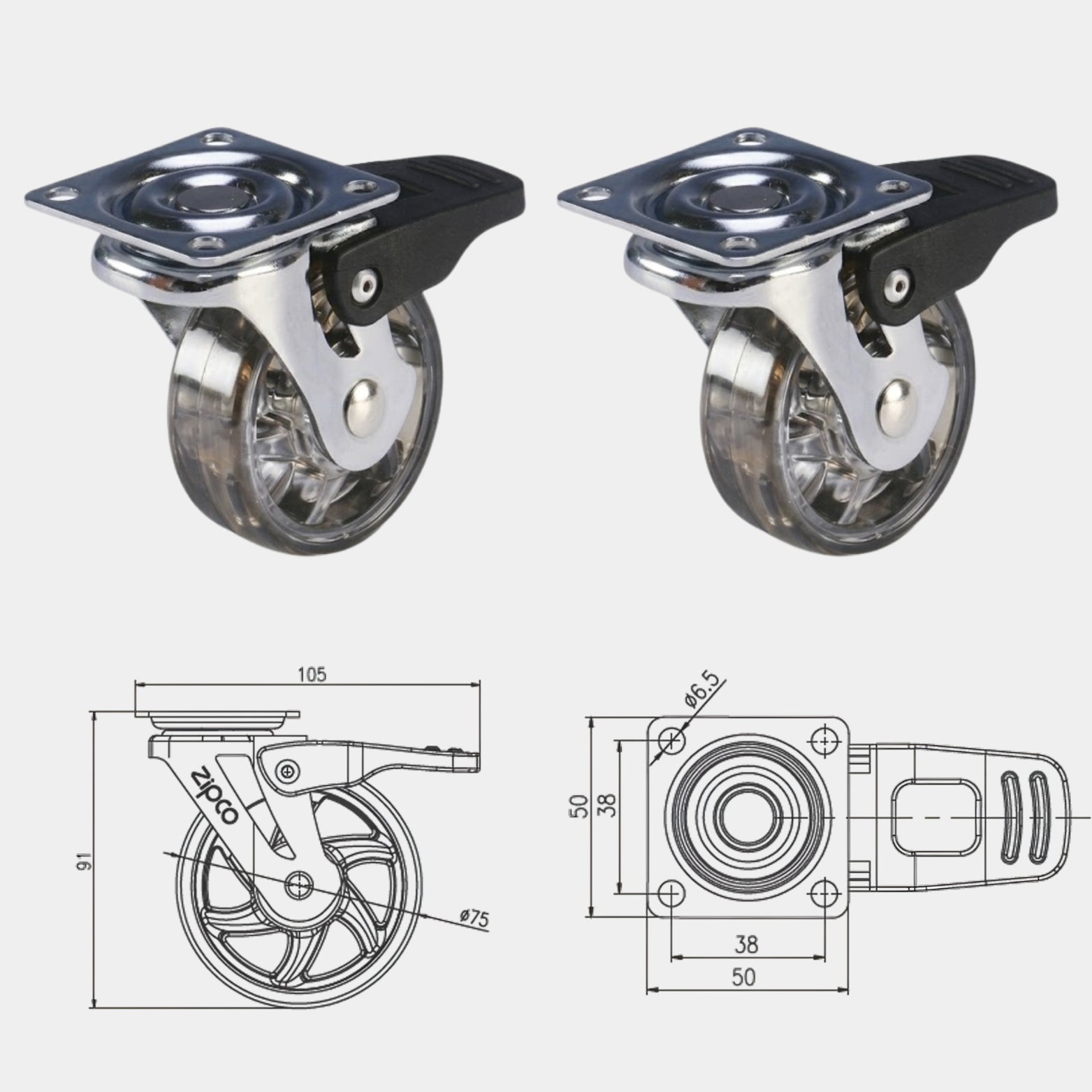 75mm Fumed Finish Swivel Castor with Locking Brake