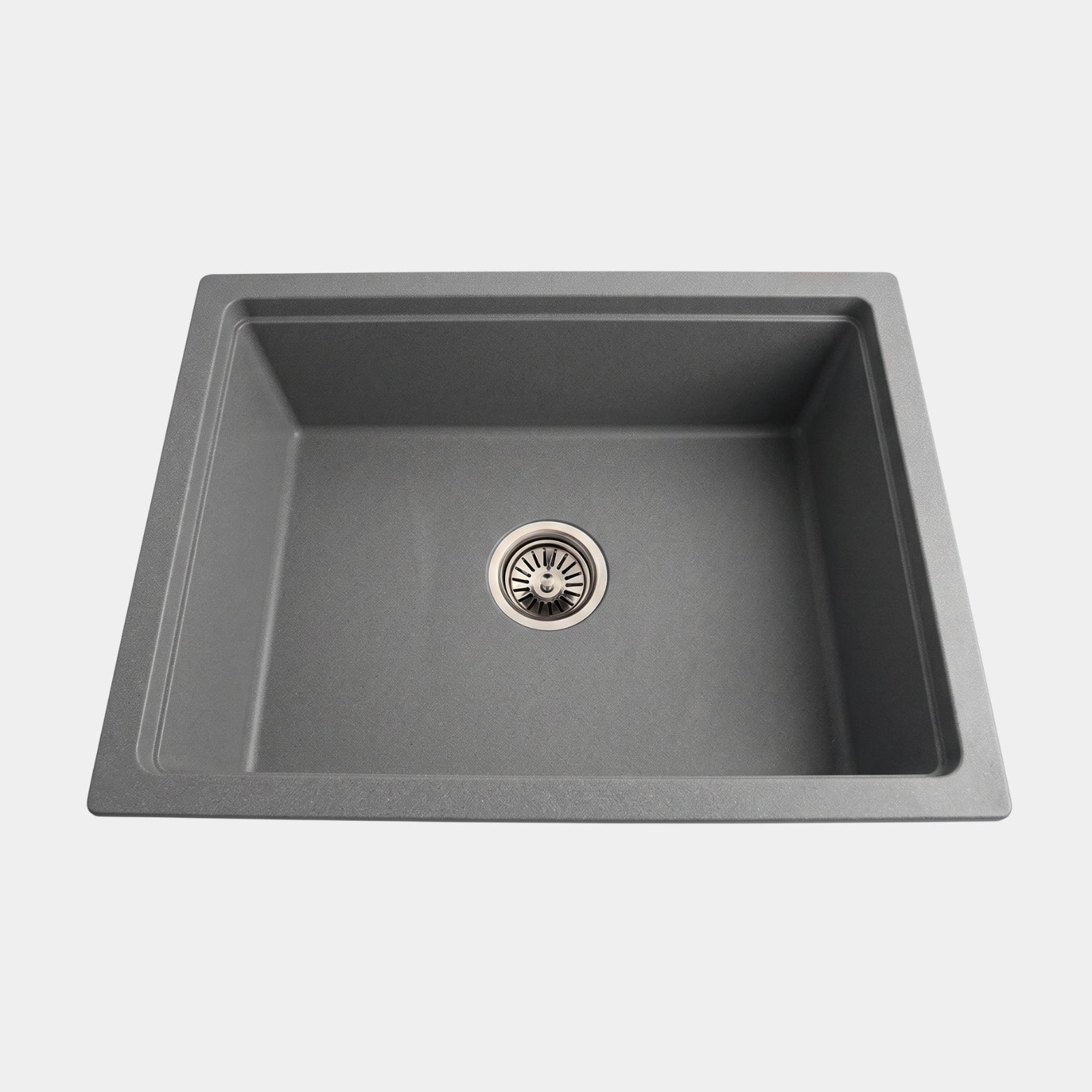 Top-down view of a Futura single-bowl quartz kitchen sink in a textured grey finish with a stainless steel drain strainer