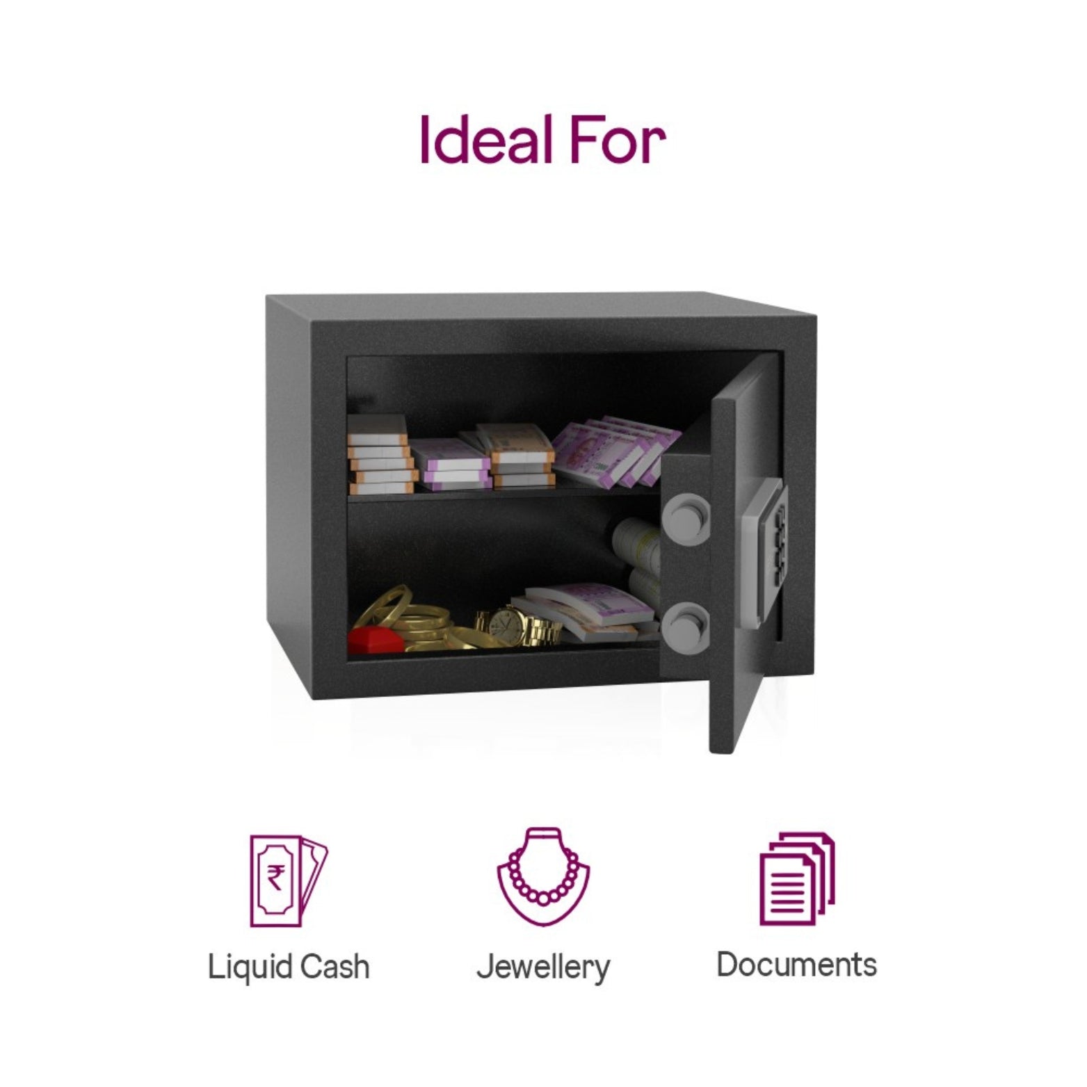 Godrej 15L digital safe featuring emergency override key and USB power backup