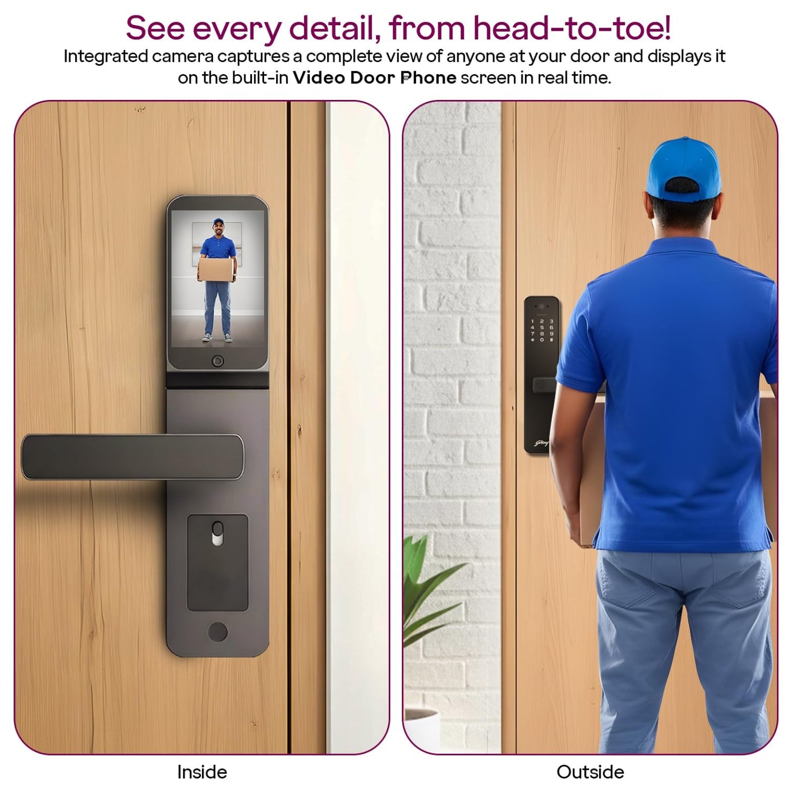 Integrated smart doorbell button on the Godrej 9690 lock faceplate that triggers video calls to smartphones