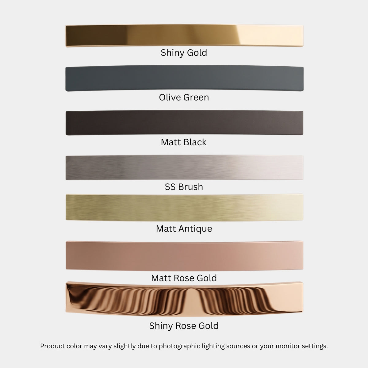 Color swatch chart for decorative aluminium strips featuring Shiny Gold, Olive Green, Matt Black, SS Brush, Matt Antique, Matt Rose Gold, and Shiny Rose Gold finishes.