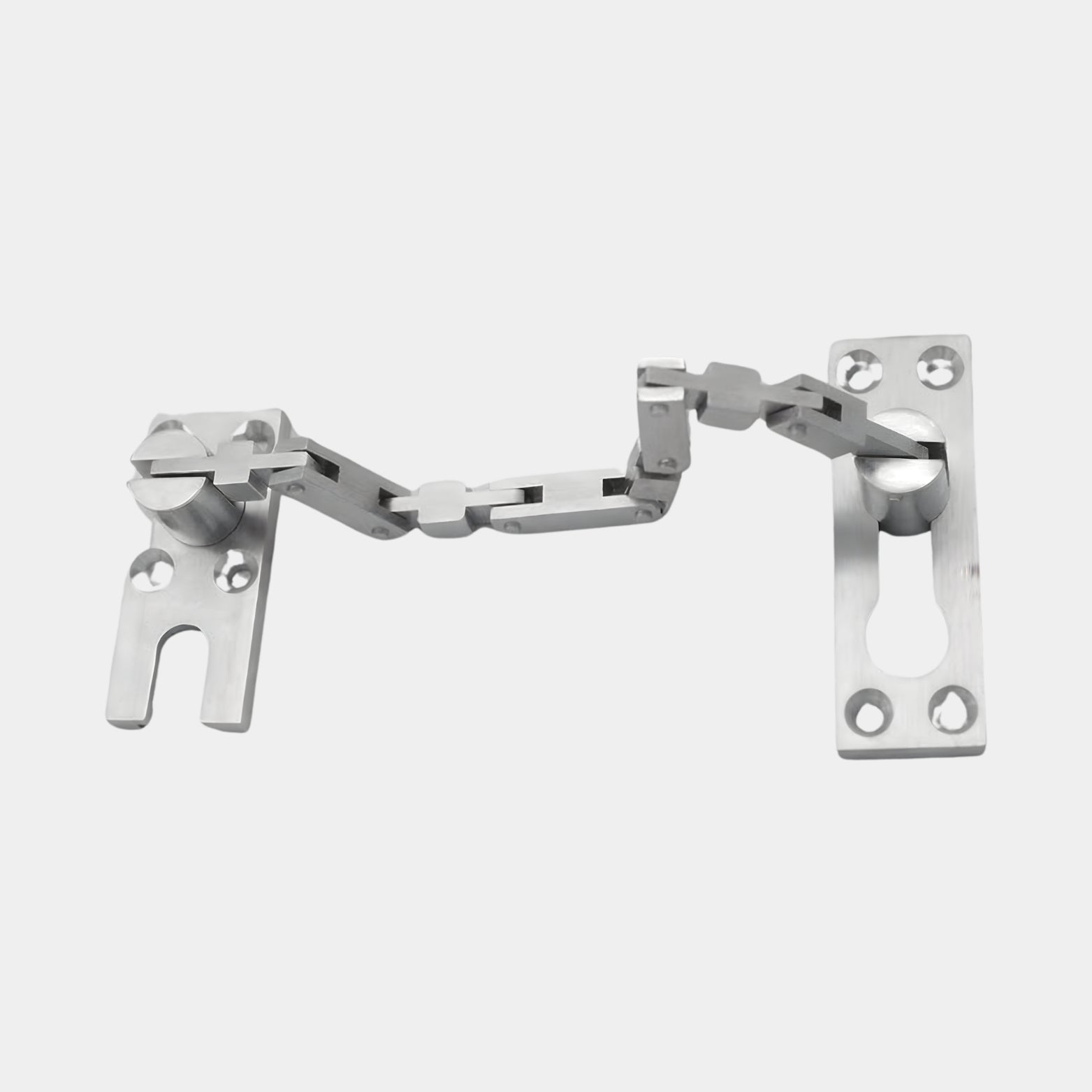 Brushed nickel finish solid brass door chain for residential security.