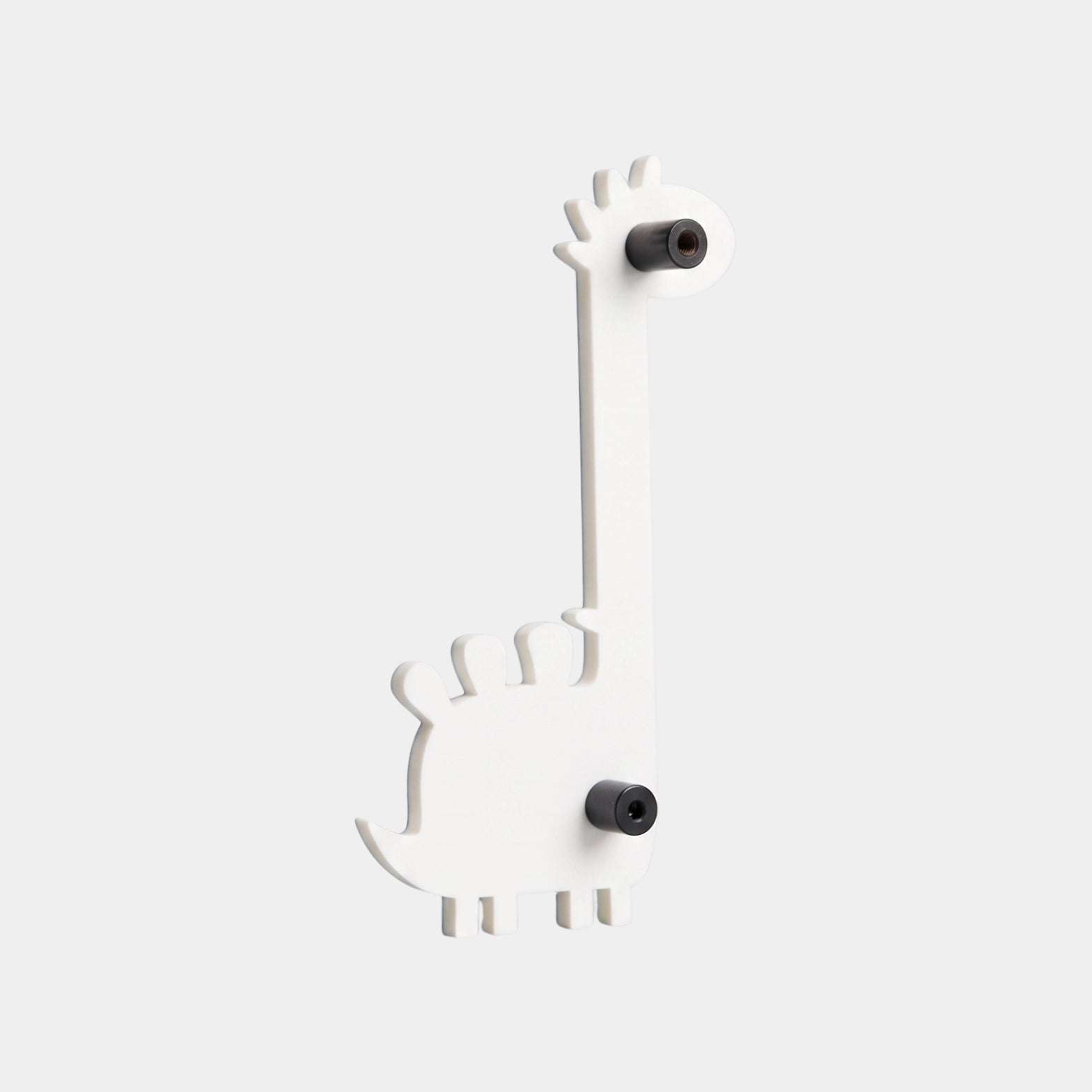 Plain background rear view of the white acrylic dinosaur handle showcasing the dual heavy-duty metal threaded mounting bushings.