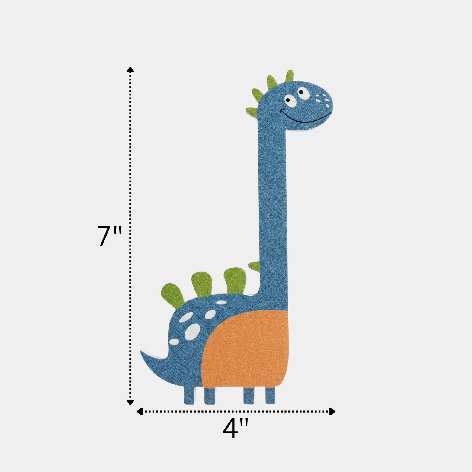 Dimension chart for the big size left-facing blue dinosaur wardrobe handle measuring 7 inches by 4 inches.
