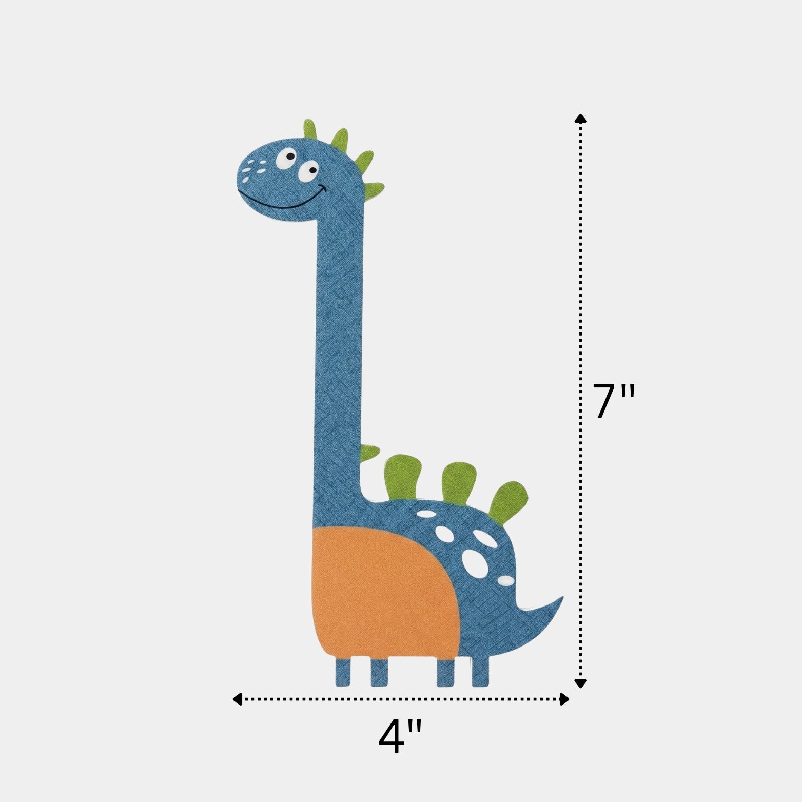 Dimension chart for the big size right-facing blue dinosaur wardrobe handle measuring 7 inches by 4 inches from Hardware Depot.