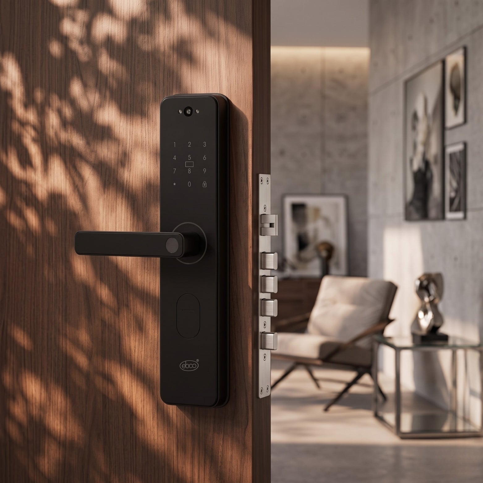 Premium Ebco Regalia RL04 digital lock with multi-bolt mortise installed on a wooden main door, available at Hardware Depot Bangalore.