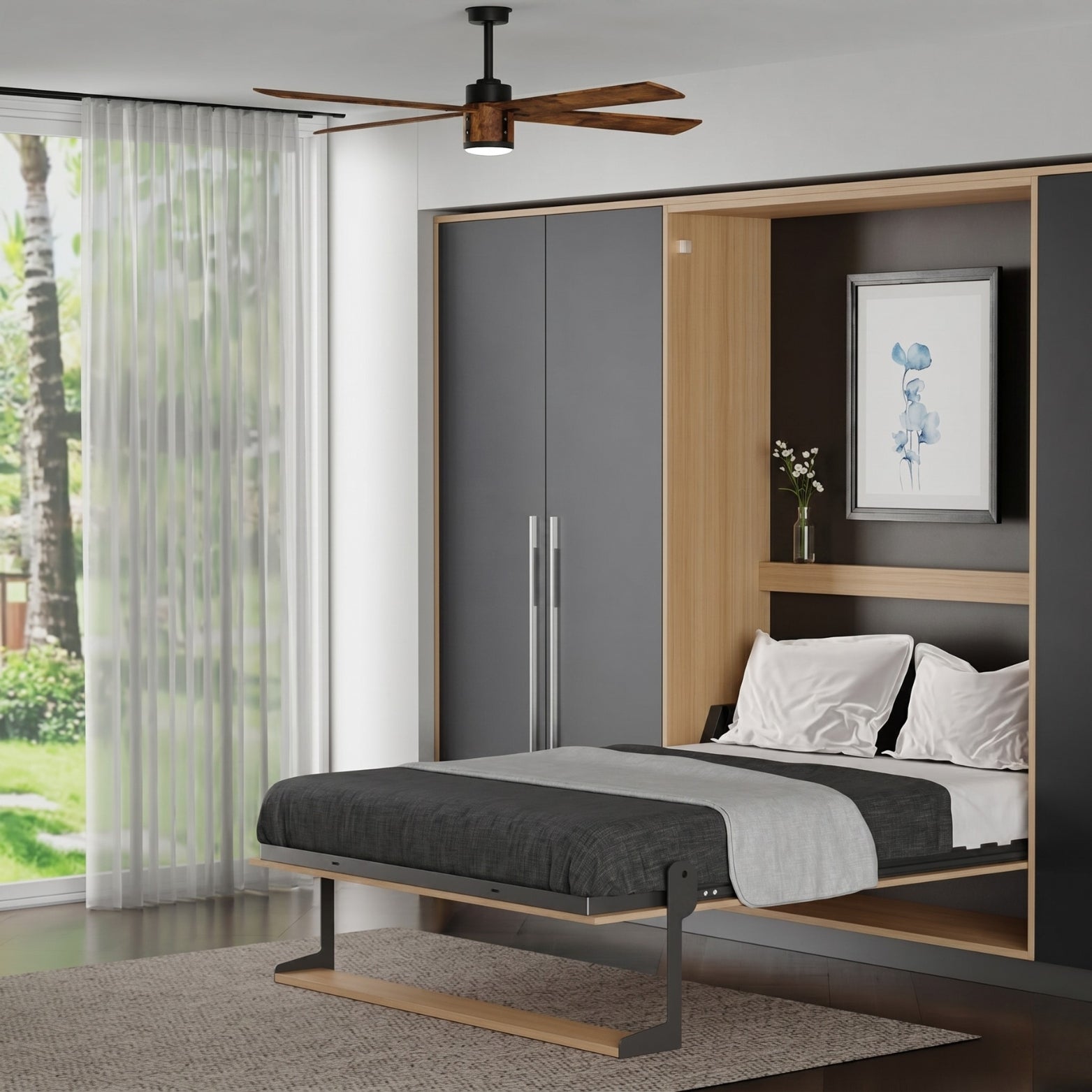 Hidden vertical double bed mechanism showing automatic leg transmission mechanism