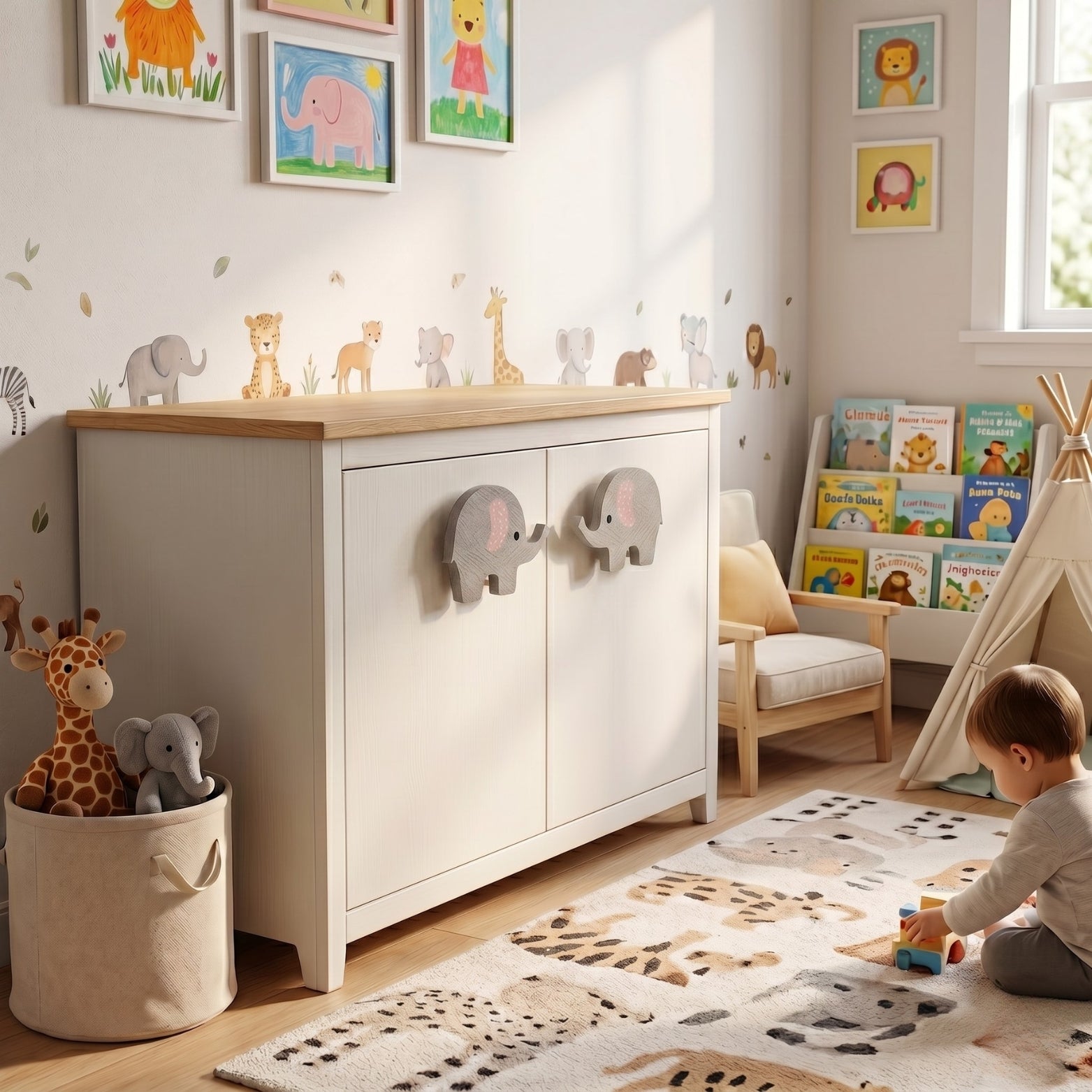 Symmetrical pairs of large elephant wardrobe handles installed on a white nursery cabinet door setup